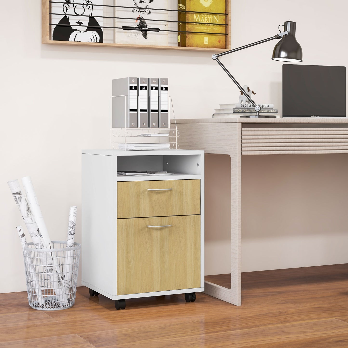 HOMCOM Cajonera de Oficina Móvil con Cajón y Gabinete Mueble Archivador con Ruedas Soporte de Impresora para Estudio 40x35x60 cm Natural y Blanco