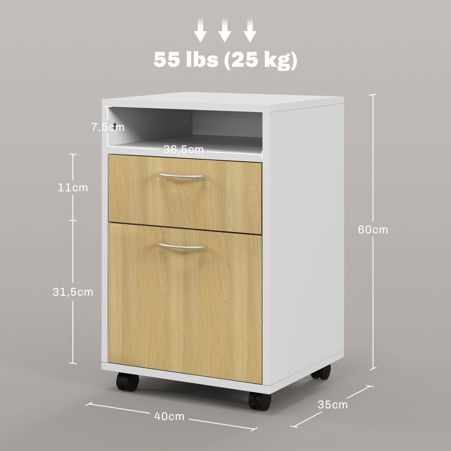 HOMCOM Cajonera de Oficina Móvil con Cajón y Gabinete Mueble Archivador con Ruedas Soporte de Impresora para Estudio 40x35x60 cm Natural y Blanco