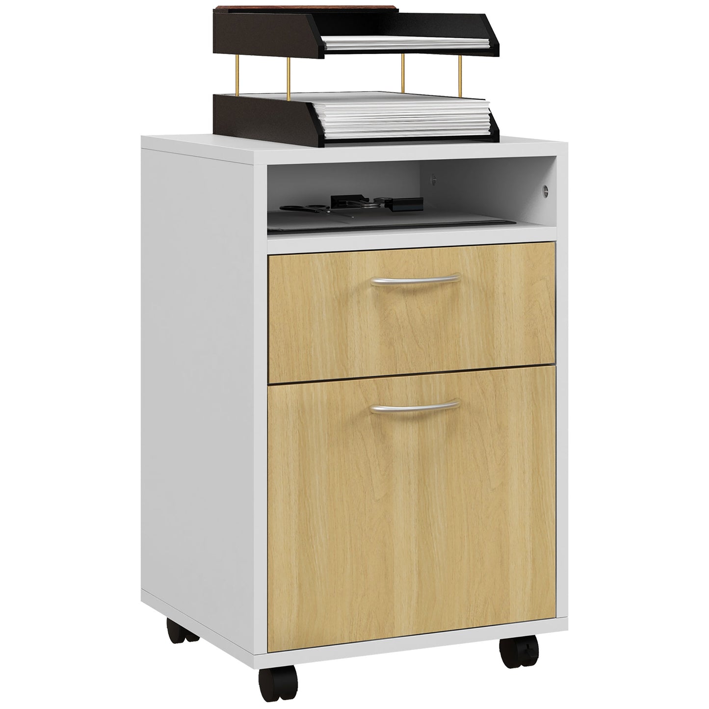 HOMCOM Cajonera de Oficina Móvil con Cajón y Gabinete Mueble Archivador con Ruedas Soporte de Impresora para Estudio 40x35x60 cm Natural y Blanco