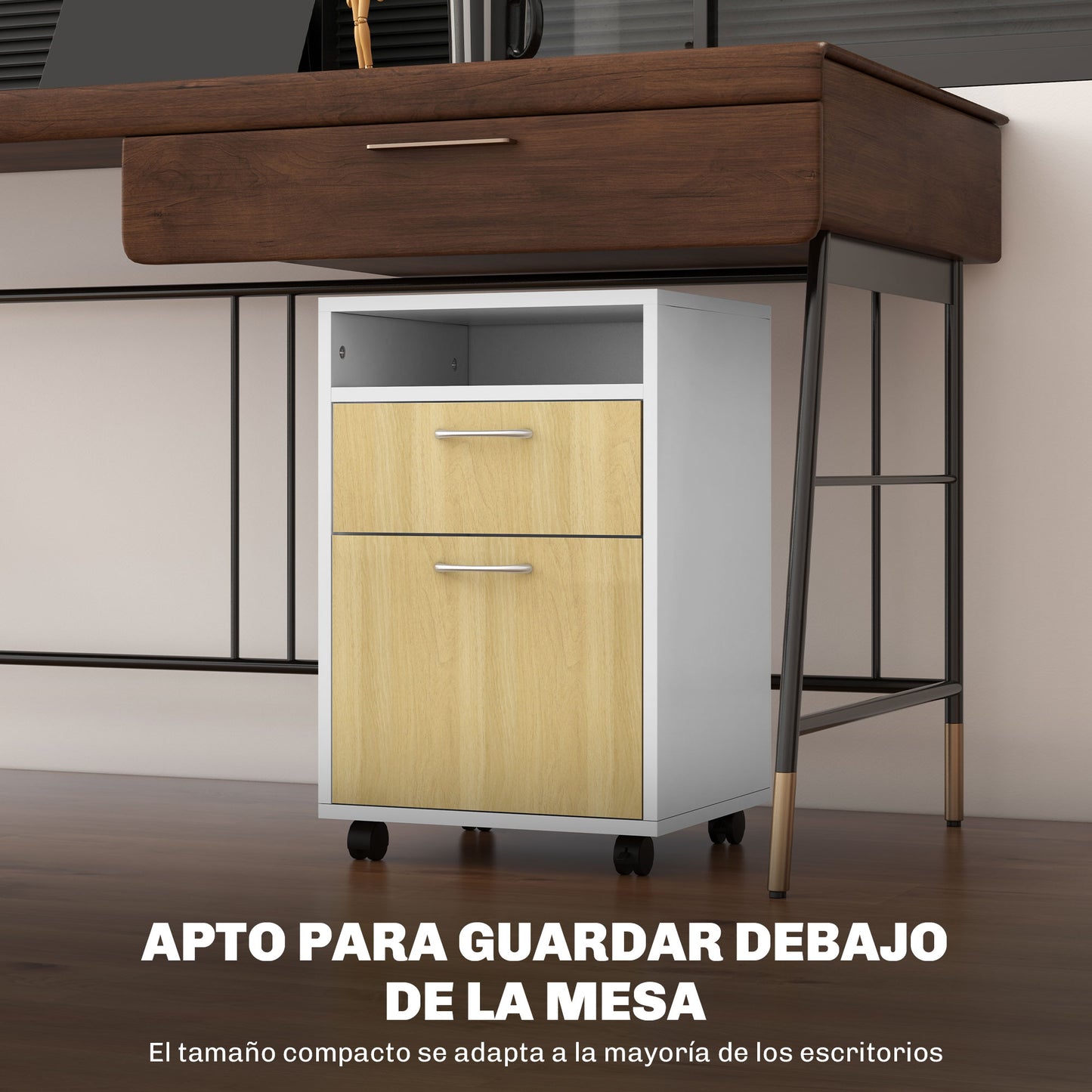 HOMCOM Cajonera de Oficina Móvil con Cajón y Gabinete Mueble Archivador con Ruedas Soporte de Impresora para Estudio 40x35x60 cm Natural y Blanco