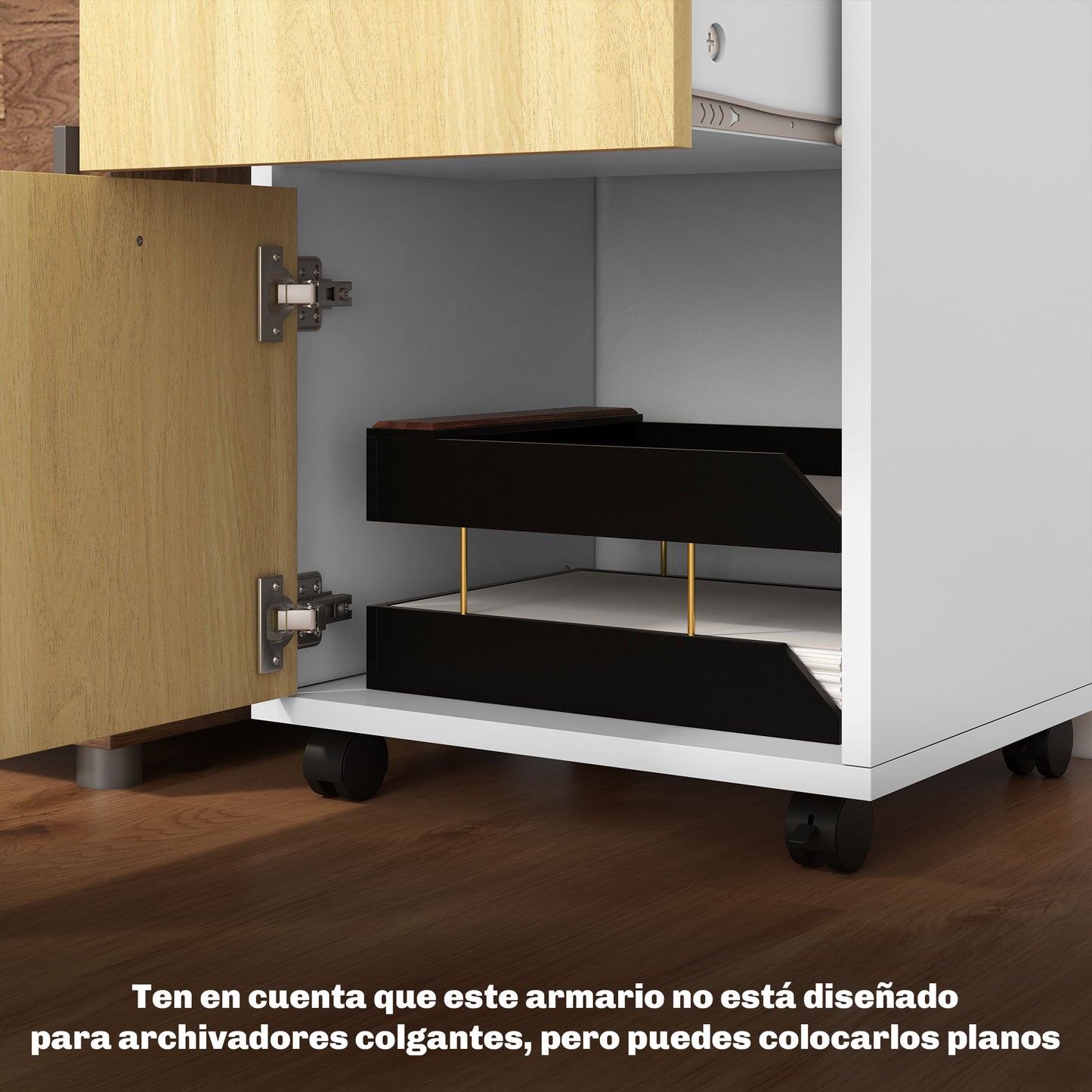 HOMCOM Cajonera de Oficina Móvil con Cajón y Gabinete Mueble Archivador con Ruedas Soporte de Impresora para Estudio 40x35x60 cm Natural y Blanco