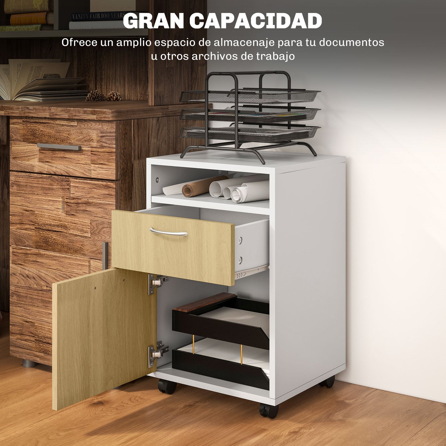 HOMCOM Cajonera de Oficina Móvil con Cajón y Gabinete Mueble Archivador con Ruedas Soporte de Impresora para Estudio 40x35x60 cm Natural y Blanco