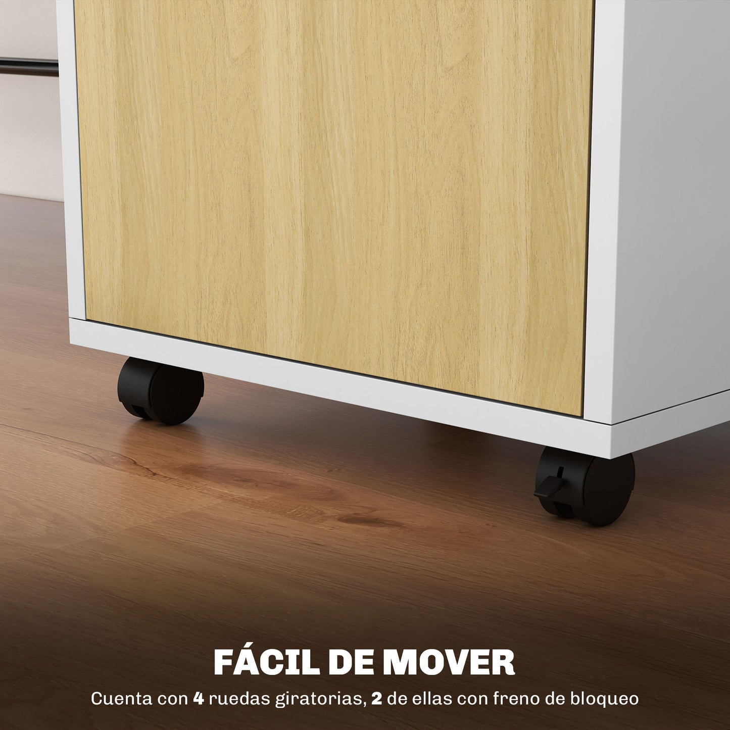 HOMCOM Cajonera de Oficina Móvil con Cajón y Gabinete Mueble Archivador con Ruedas Soporte de Impresora para Estudio 40x35x60 cm Natural y Blanco