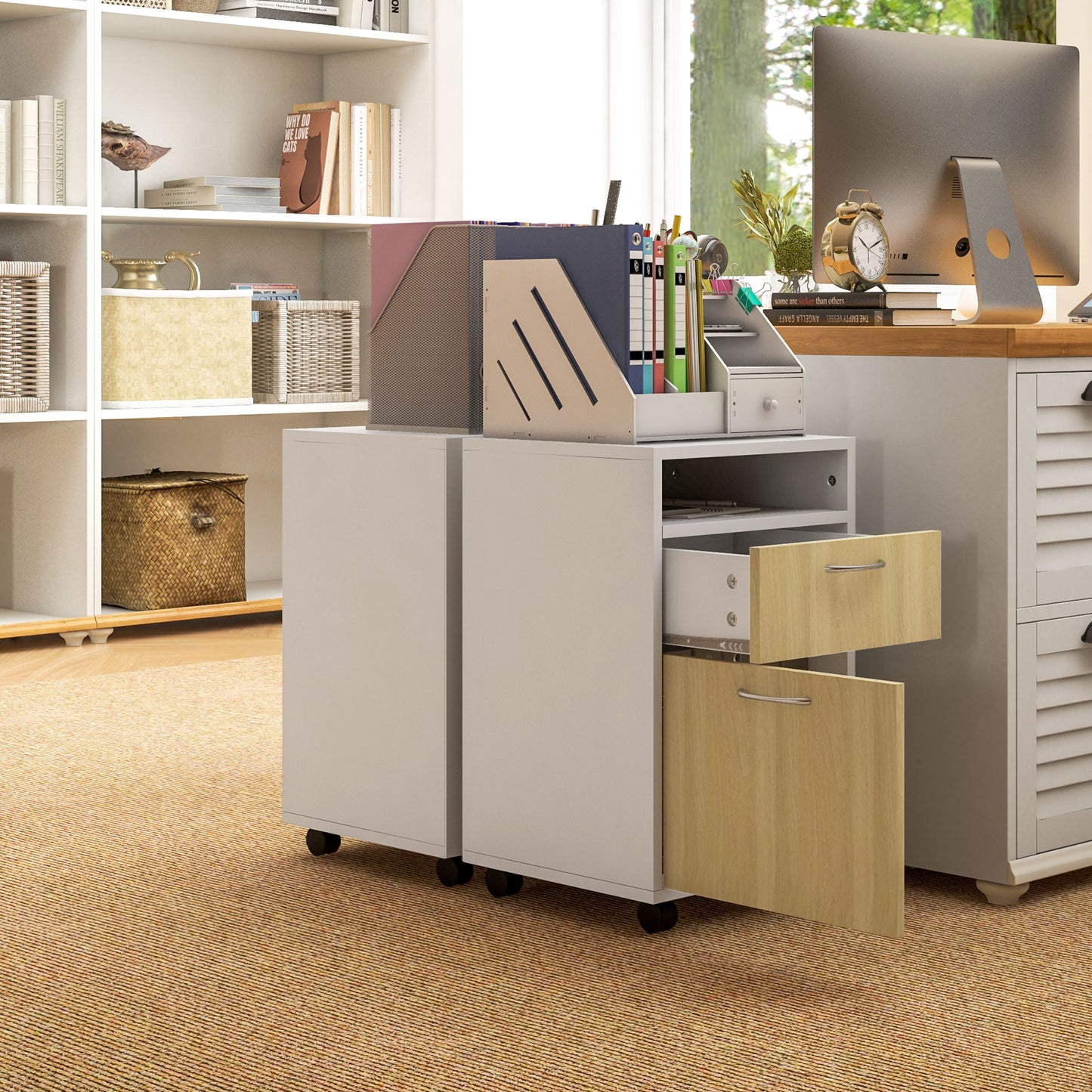 HOMCOM Cajonera de Oficina Móvil con Cajón y Gabinete Mueble Archivador con Ruedas Soporte de Impresora para Estudio 40x35x60 cm Natural y Blanco