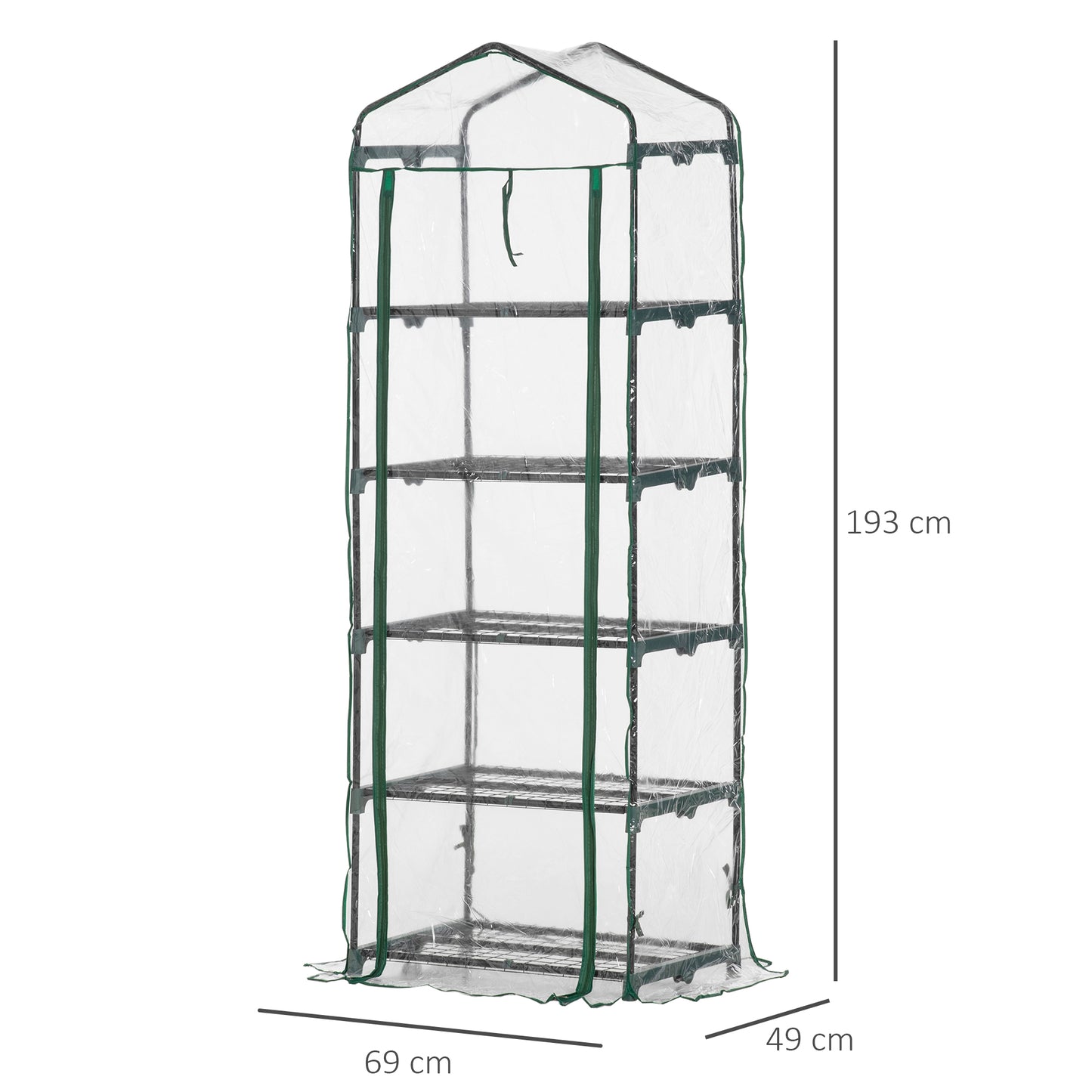 Outsunny Invernadero de Jardín Invernadero de Terraza con 5 Estantes de Alambre Tipo Caseta de Acero Vivero Casero para Cultivo de Plantas Flores Verduras 69x49x193 cm Transparente