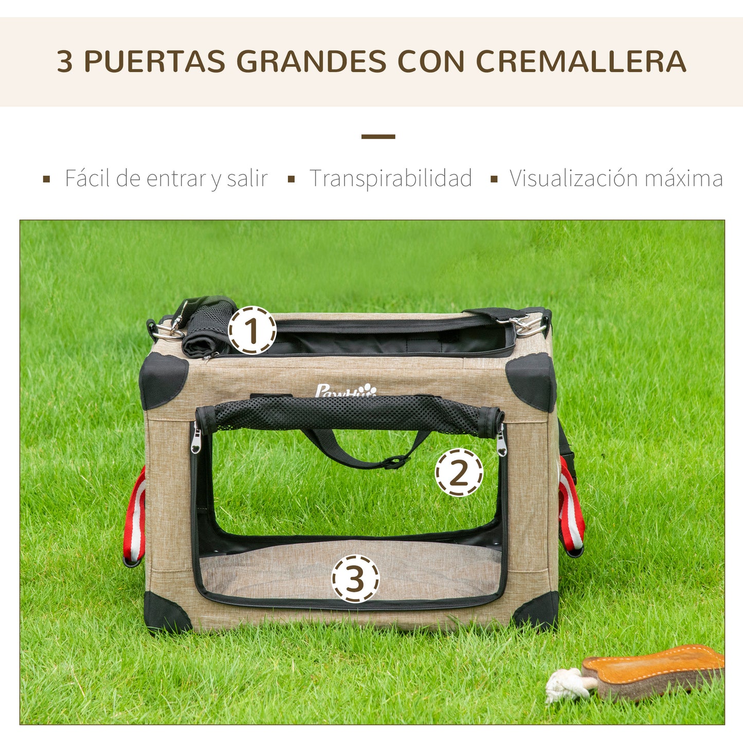 PawHut Transportín Mochila para Gatos Perros Pequeños Bolsa de Transporte para Mascotas Plegable con Cojín Extraíble y Correa de Transporte Ajustable para Viaje 48,5x33,5x33 cm Caqui