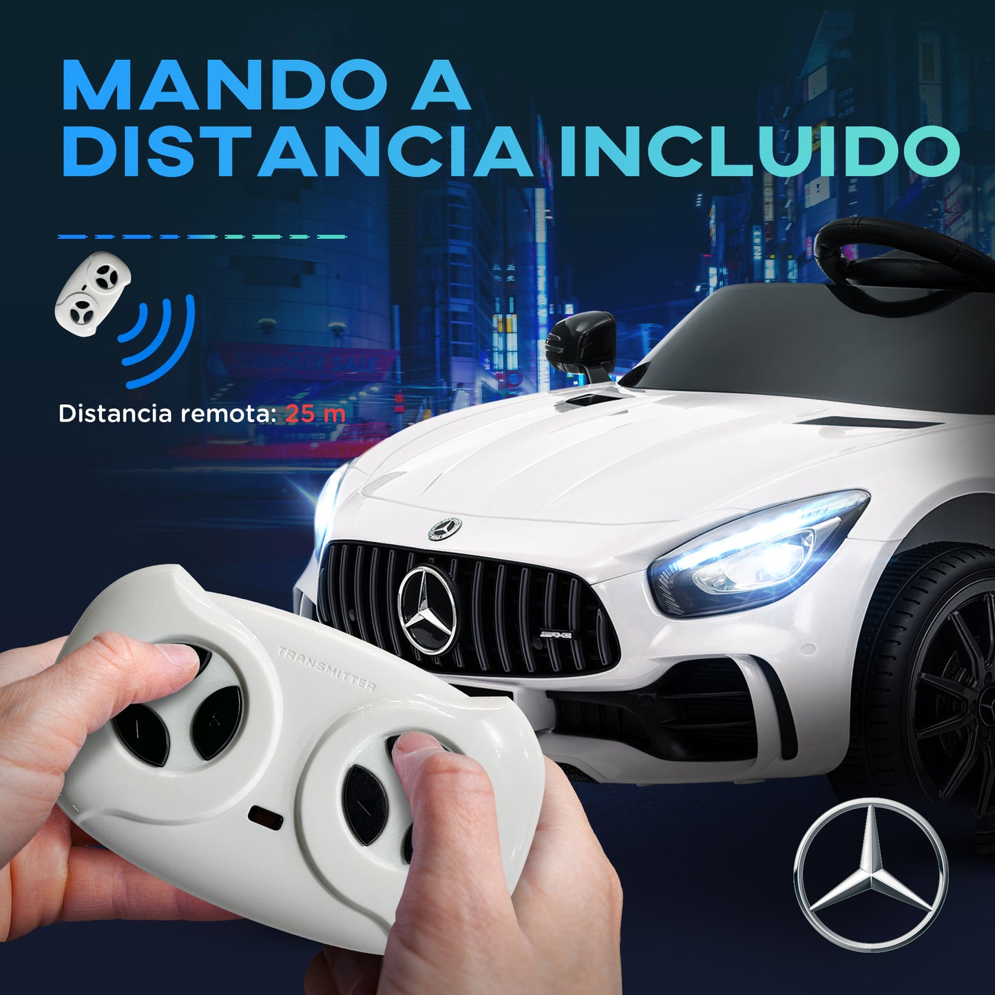 AIYAPLAY Coche Eléctrico para Niños de +3 Años Mercedes-Benz AMG GTR Carro Eléctrico Infantil con Batería 12V Mando a Distancia Faros Bocina Música MP3 Arranque Lento y Pantalla Blanco