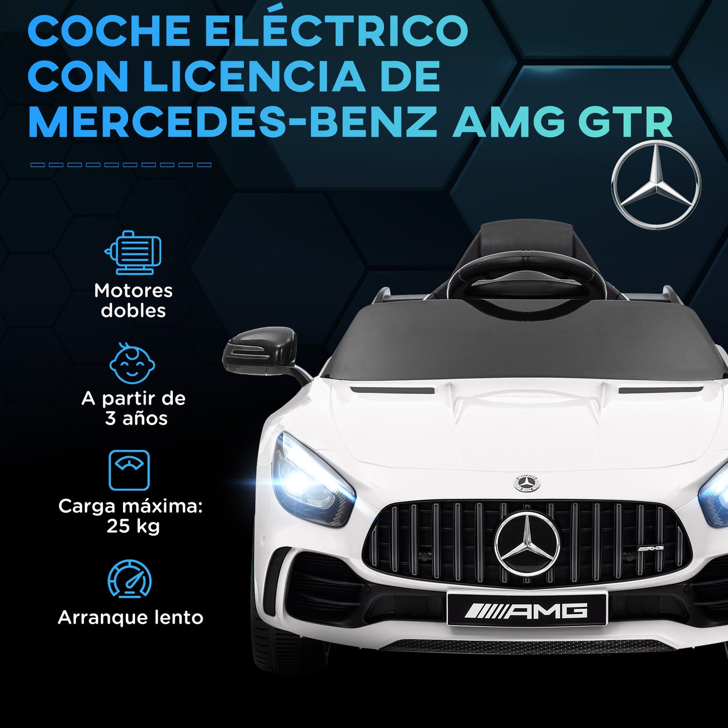 AIYAPLAY Coche Eléctrico para Niños de +3 Años Mercedes-Benz AMG GTR Carro Eléctrico Infantil con Batería 12V Mando a Distancia Faros Bocina Música MP3 Arranque Lento y Pantalla Blanco