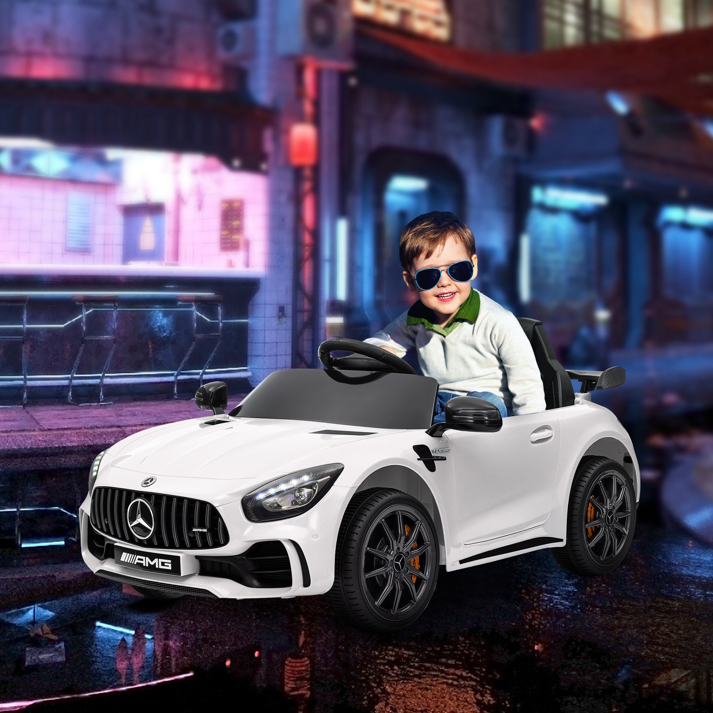 AIYAPLAY Coche Eléctrico para Niños de +3 Años Mercedes-Benz AMG GTR Carro Eléctrico Infantil con Batería 12V Mando a Distancia Faros Bocina Música MP3 Arranque Lento y Pantalla Blanco