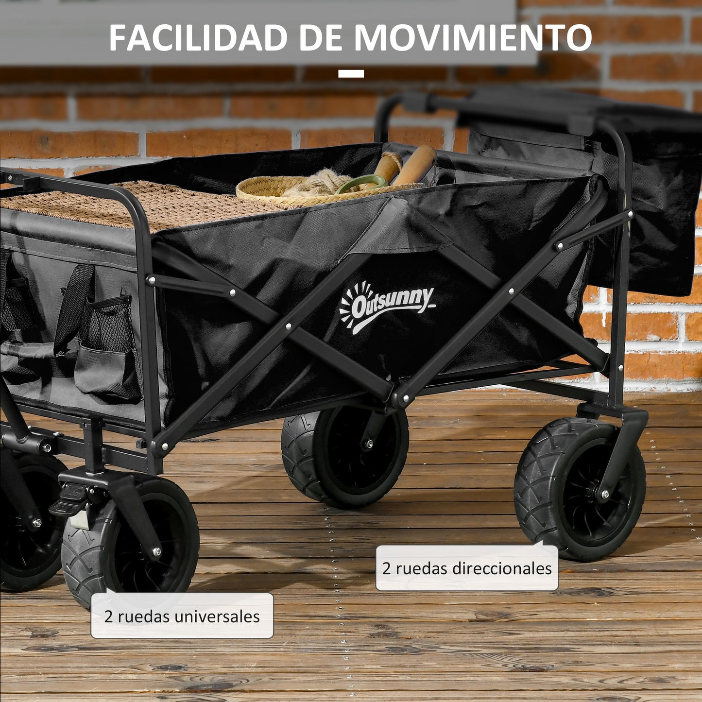 Outsunny Carro de Jardín con Bolsa Térmica Desmontable Carro Plegable con Longitud y Ángulo del Mango Ajustables y Bolsa de Transporte Carga 100 kg para Playa Negro