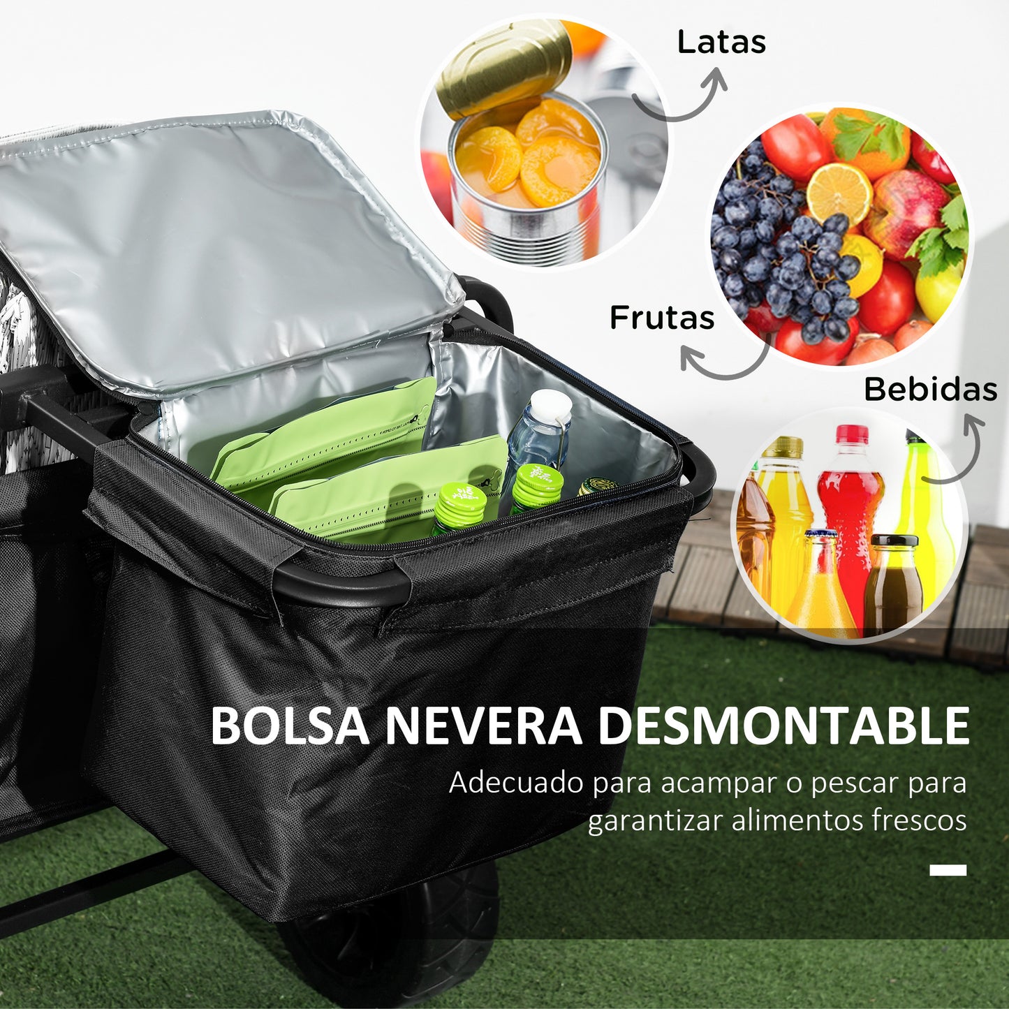 Outsunny Carro de Jardín con Bolsa Térmica Desmontable Carro Plegable con Longitud y Ángulo del Mango Ajustables y Bolsa de Transporte Carga 100 kg para Playa Negro