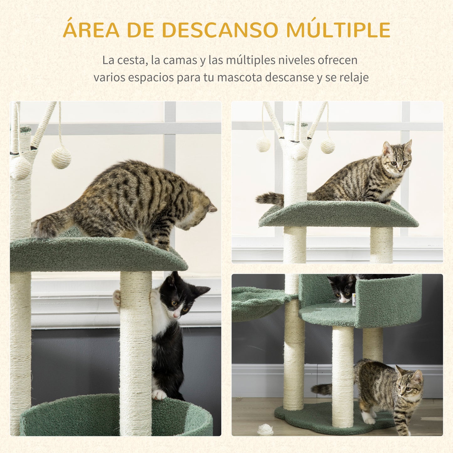 PawHut Árbol Rascador para Gatos Torre para Gatos Altura 123 cm con Hamaca Camas Postes de Sisal y Bolas de Juego 44x43x123 cm Verde y Crema