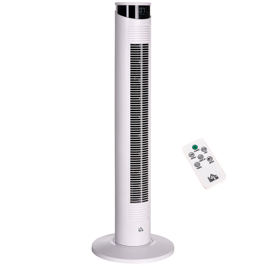 HOMCOM Ventilador de Torre Bajo Consumo Oscilante 45W con Control Remoto Temporizador de 12 h 3 Velocidades 3 Modos Pantalla LED y Asa de Transporte para Dormitorio Ø31,5x93 cm Blanco