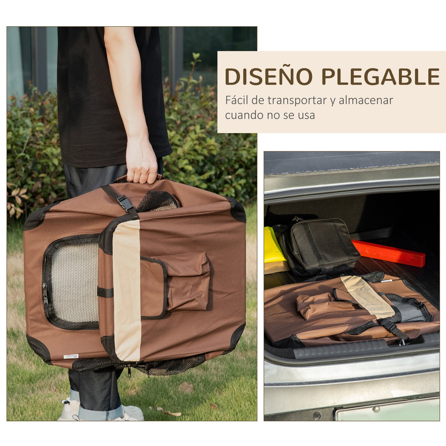 PawHut Transportín para Perros y Gatos Bolsa de Transporte para Mascotas Plegable con Ventanas Cojín Suave y 2 Correas del Hombro 60x41x41 cm Marrón