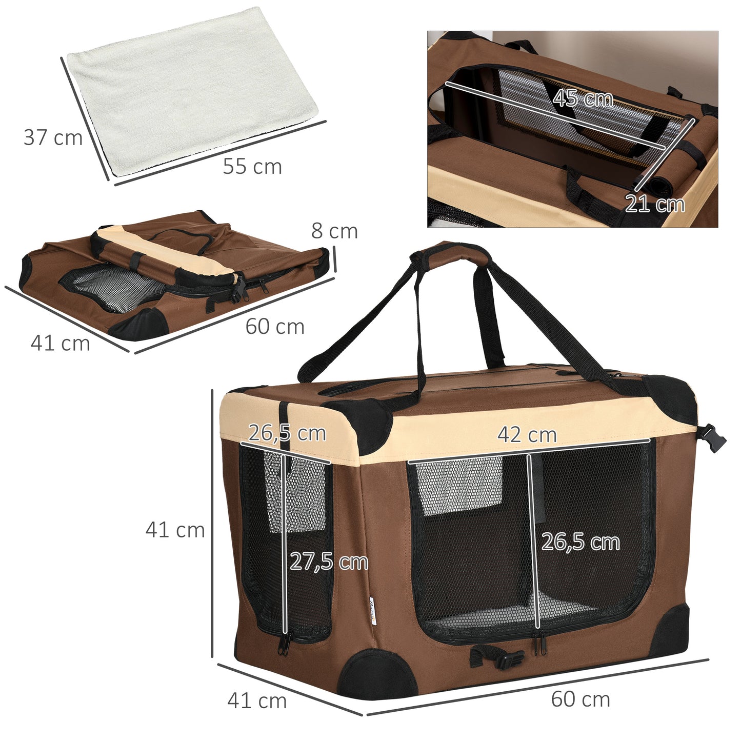 PawHut Transportín para Perros y Gatos Bolsa de Transporte para Mascotas Plegable con Ventanas Cojín Suave y 2 Correas del Hombro 60x41x41 cm Marrón