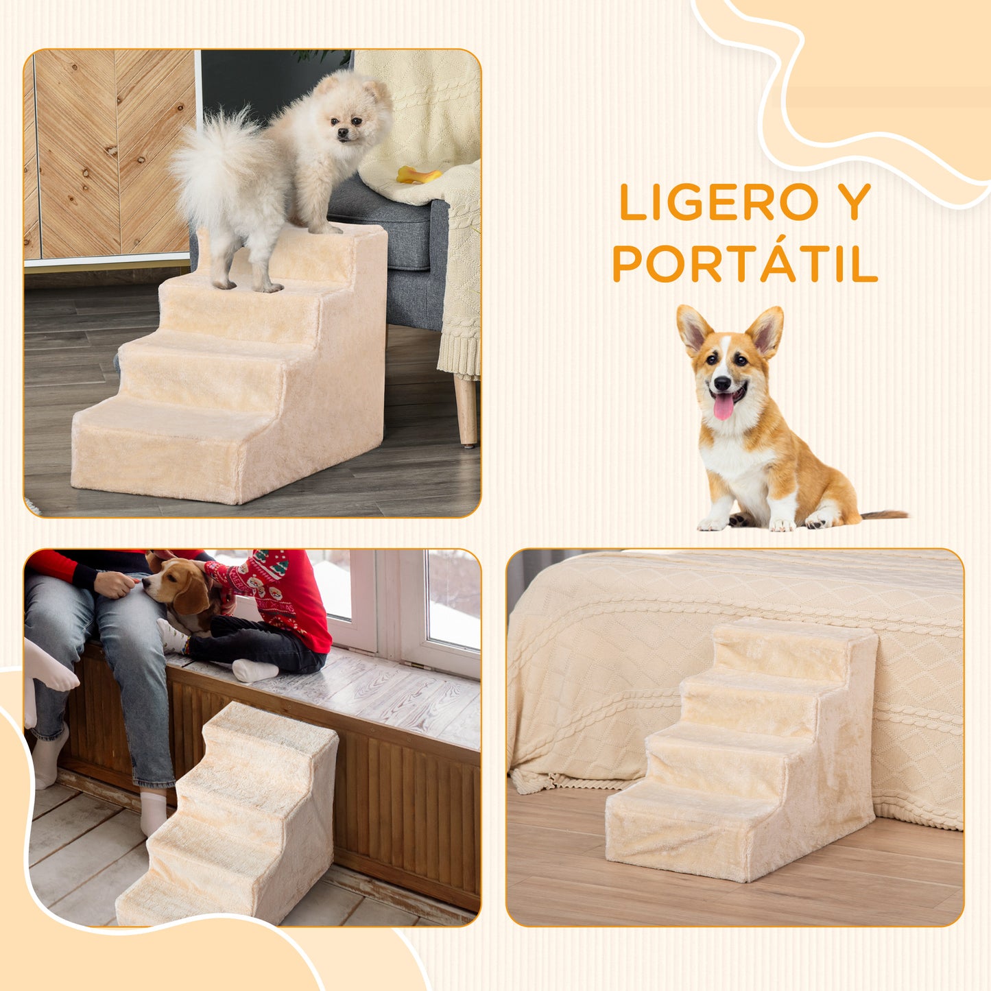 PawHut Escalera para Perros de 4 Peldaños Escalera para Mascotas con Funda Extraíble y Lavable para Cama Sofá 60x35x44 cm Beige