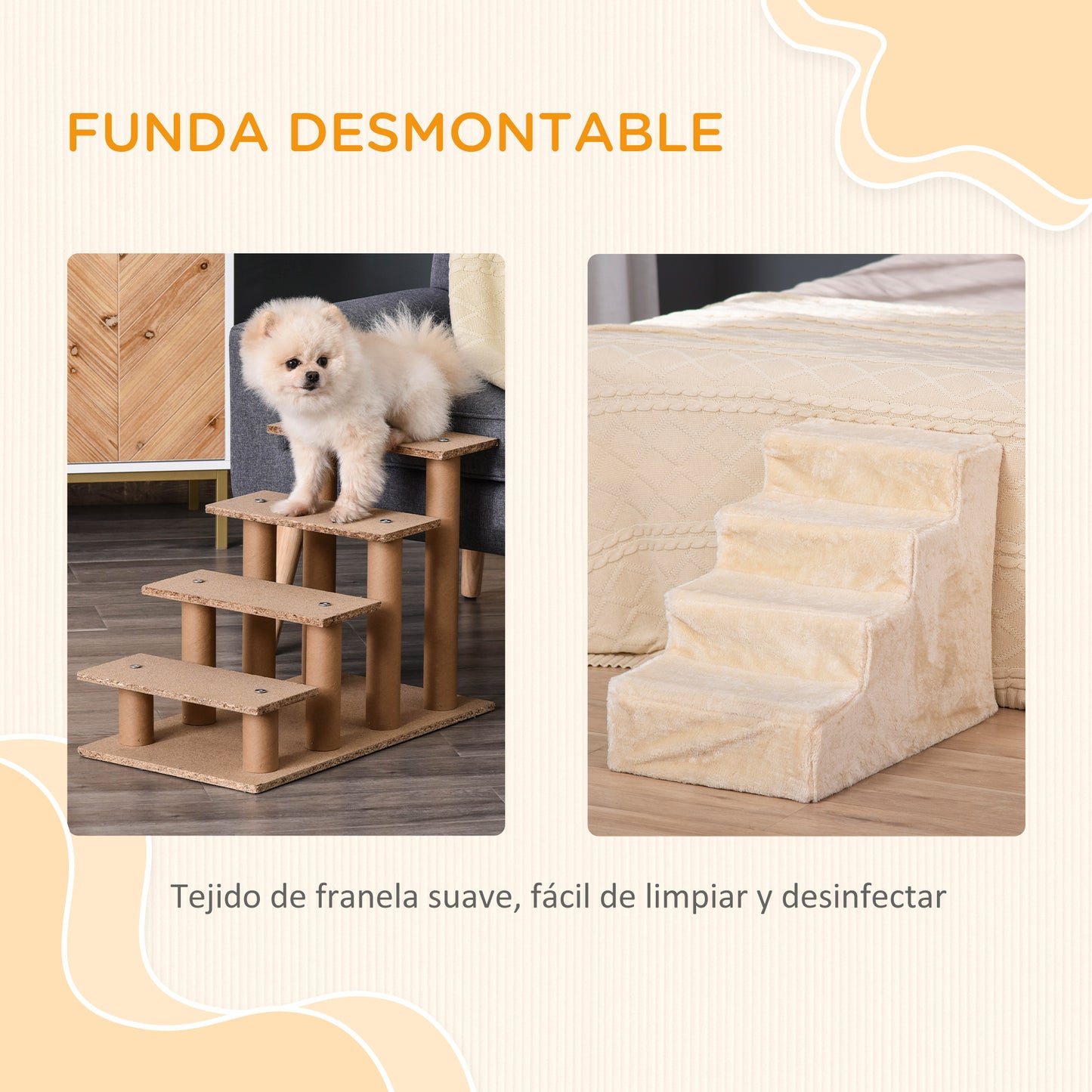 PawHut Escalera para Perros de 4 Peldaños Escalera para Mascotas con Funda Extraíble y Lavable para Cama Sofá 60x35x44 cm Beige