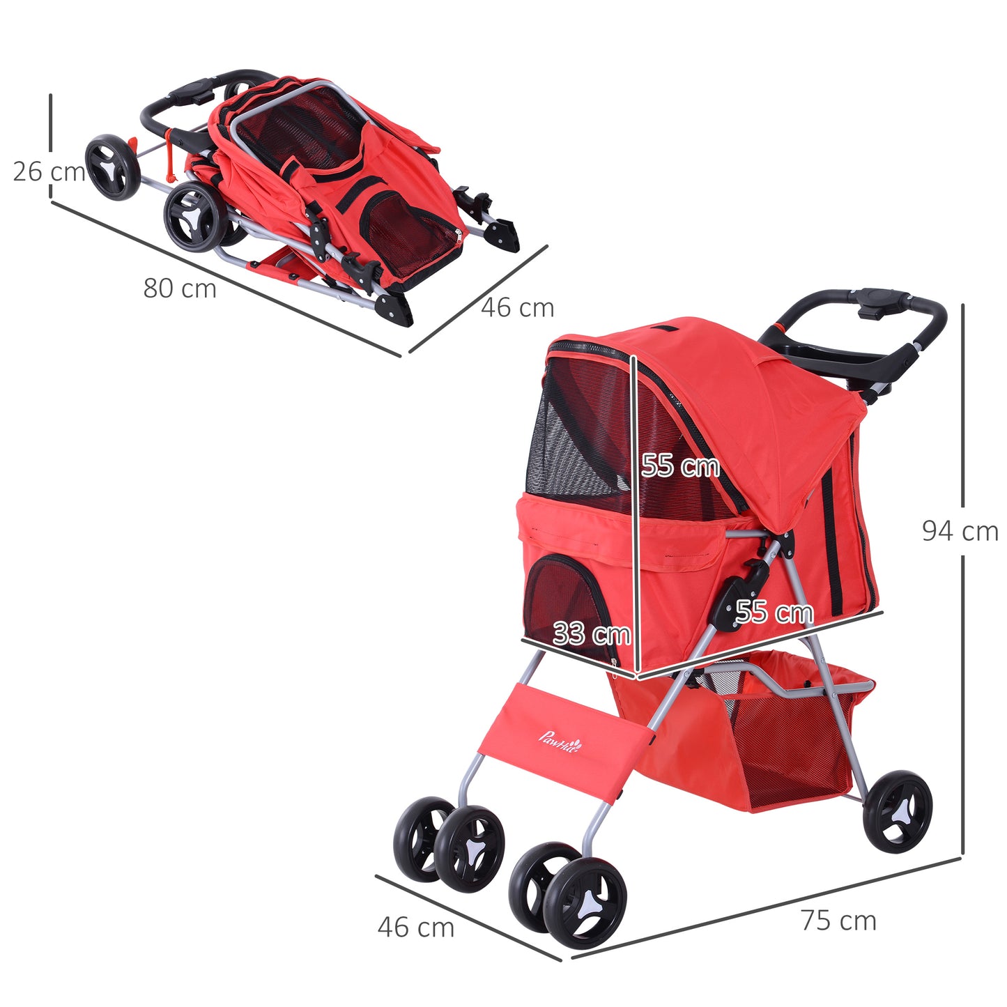 PawHut Carrito para Perros Plegable Cochecito para Mascotas Carrito para Perros Pequeños con Toldo Ajustable Cesta de Almacenaje 2 Ruedas Universales y Marco de Acero 75x46x94 cm Rojo