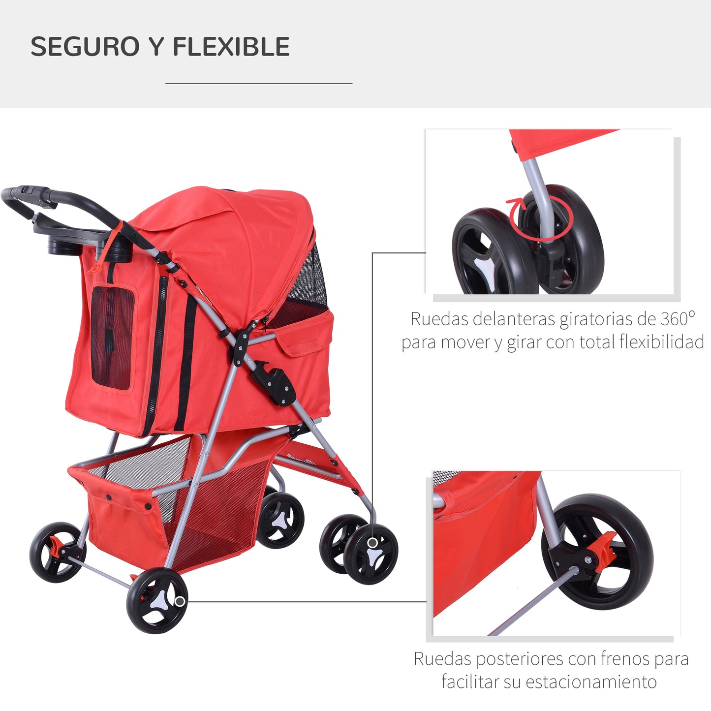 PawHut Carrito para Perros Plegable Cochecito para Mascotas Carrito para Perros Pequeños con Toldo Ajustable Cesta de Almacenaje 2 Ruedas Universales y Marco de Acero 75x46x94 cm Rojo