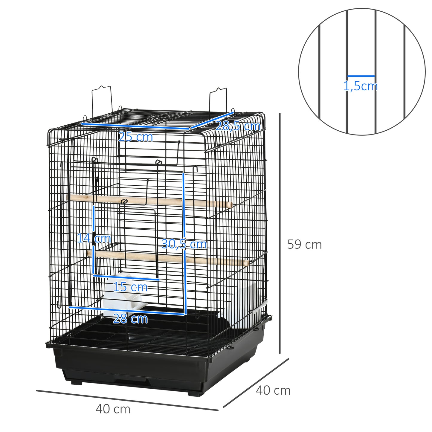 PawHut Jaula para Pájaros Jaula Metálica de Aves 40x40x59 cm con Techo Abatible 2 Perchas 2 Comederos y Bandeja Extraíble para Canarios Periquitos Negro