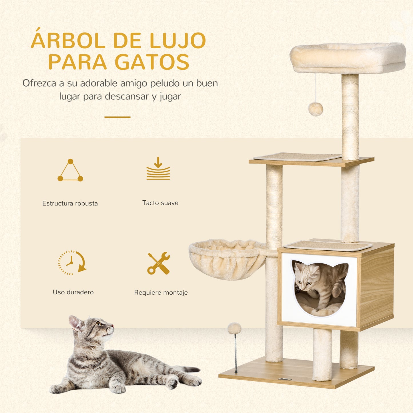 PawHut Árbol Rascador para Gatos con Plataforma Altura 126 cm Torre Escalador para Gatos con Hamaca Caseta Cama Postes de Sisal y Bolas para Jugar 48x40x126 cm Beige