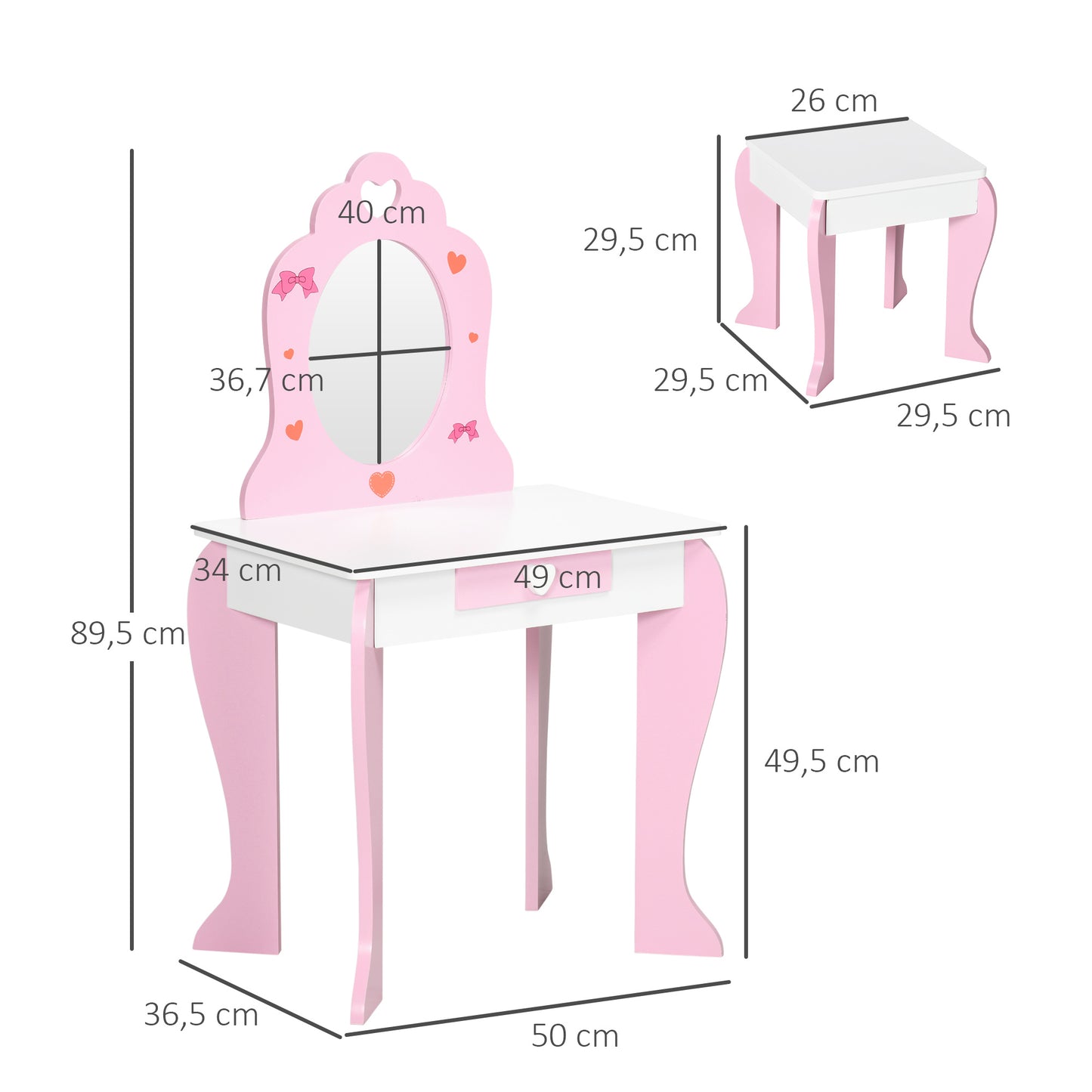 ZONEKIZ Tocador Infantil de Madera Tocador para Niñas con Taburete y Espejo Tocador de Maquillaje para Niñas de 3-6 Años con Cajón 50x36,5x89,5 cm Rosa