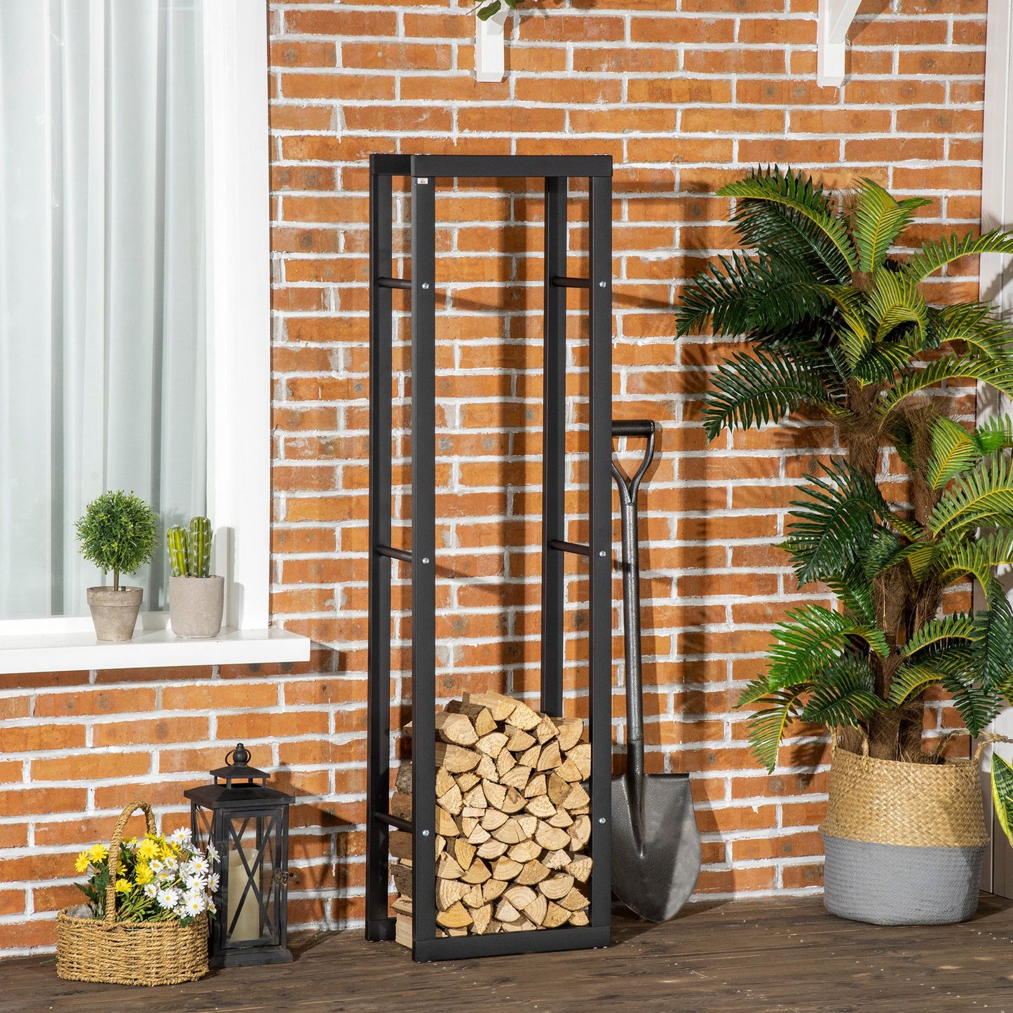 HOMCOM Soporte para Leña Estante de Leña Metálico Leñero de Exterior de Metal para Interior y Exterior Carga 100 kg 40x25x150 cm Negro