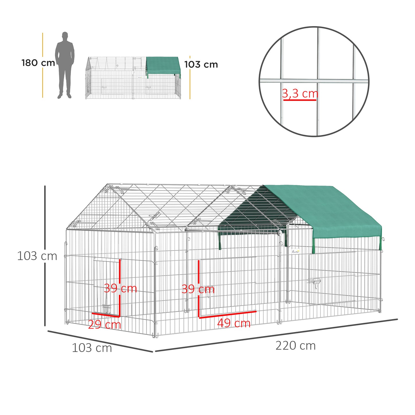 PawHut Jaula Recinto para Animales Pequeños 220x103x103 cm Jaula para Conejos Corral con 2 Puertas y Protección contra Solar para Conejo Gallinas Patos Exterior Jardín Patio Plata y Verde