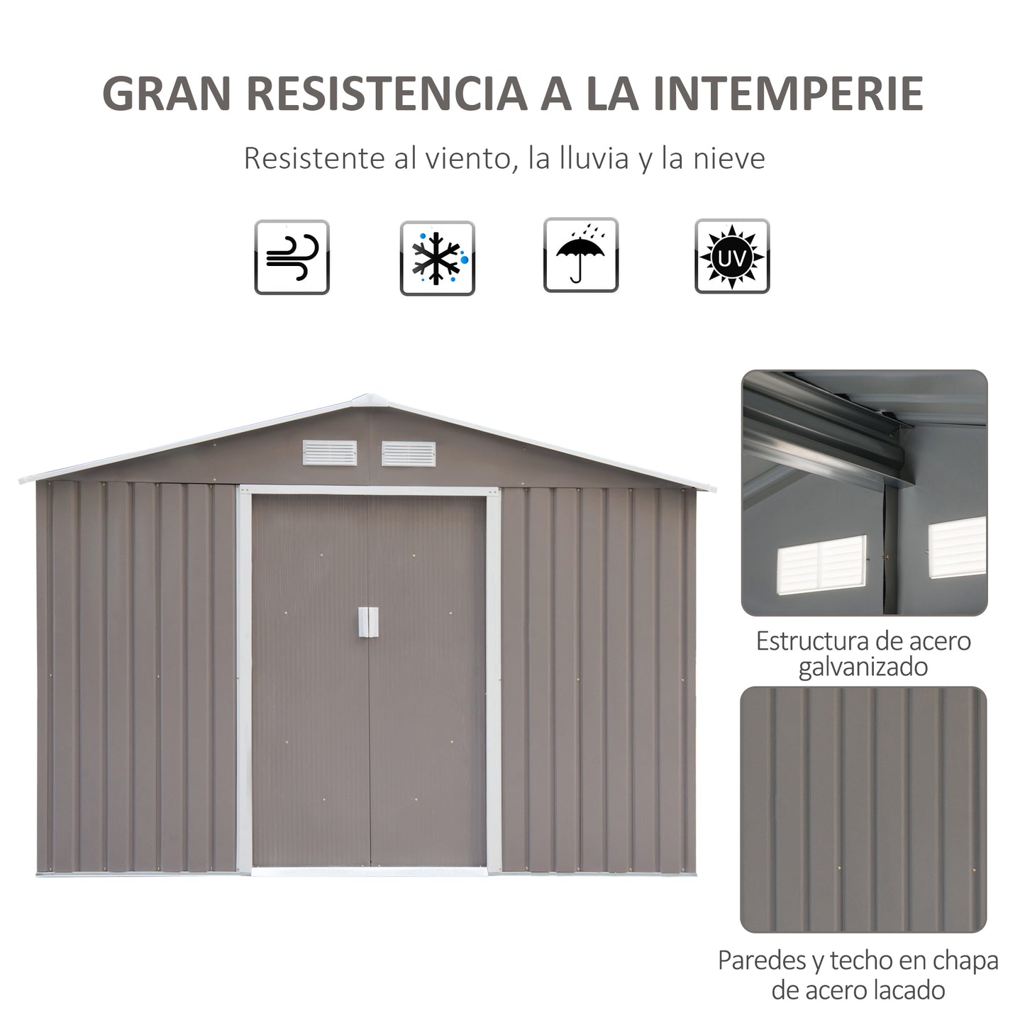 Outsunny Caseta de Jardín de Exterior Cobertizo de Jardín 4,9 m² 277x195x192 cm con 2 Puertas Corredizas Base Refuerzo (Suelo NO Incluido) para Patio Terraza Gris