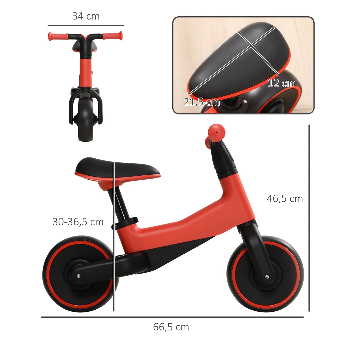 AIYAPLAY Bicicleta sin Pedales para Niños de + 18 Meses Triciclo Infantil para Bebé con Sillín Ajustable en 30-36,5 cm Ruedas de Ø19 cm Carga 25 kg 66,5x34x46,5 cm Rojo