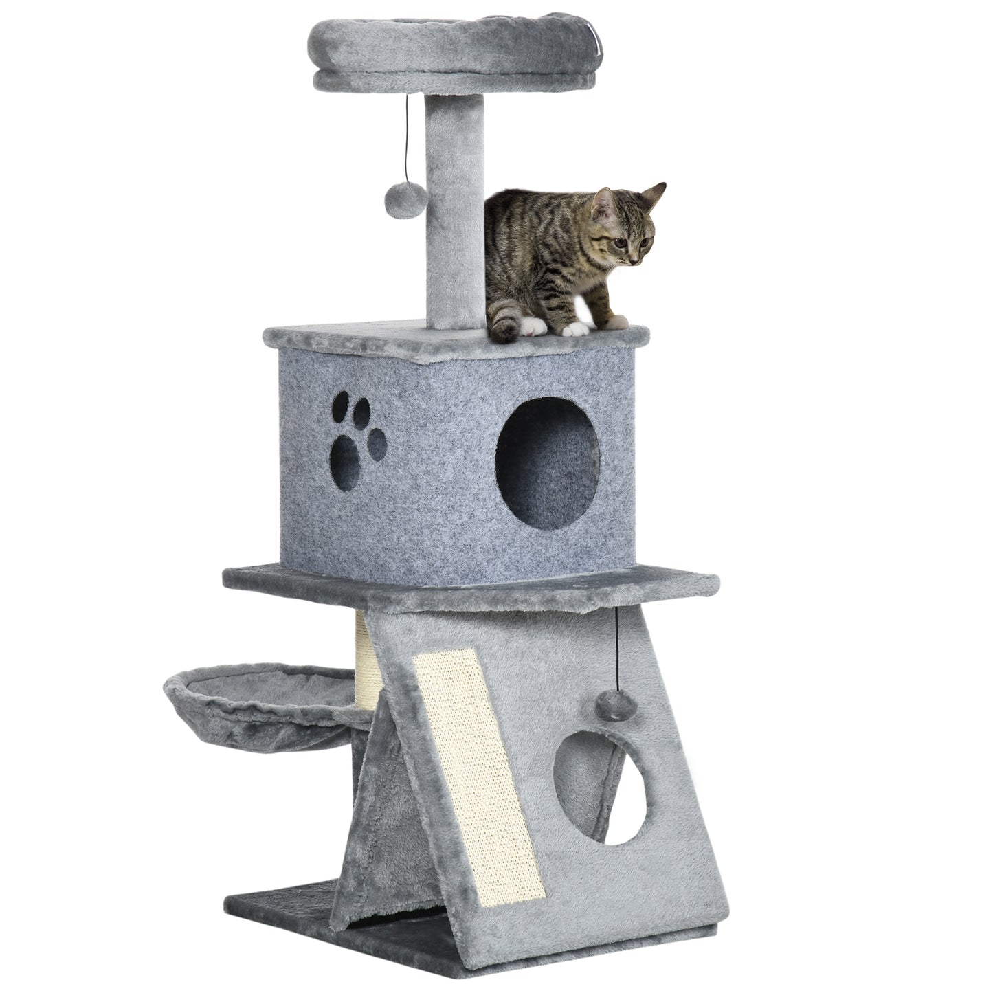 PawHut Árbol Rascador para Gatos Altura 111 cm Torre para Gatos con Cama Cueva Hamaca Bola Colgante Postes y Rampa de Sisal 50x40x111 cm Gris