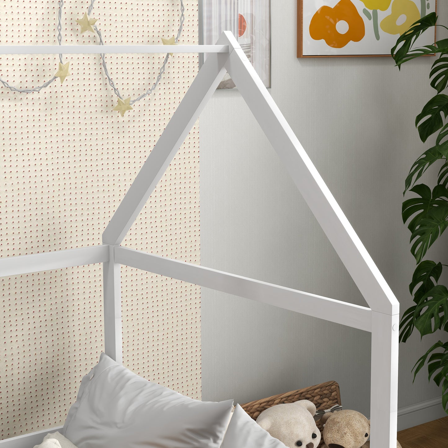 AIYAPLAY Cama para Niños 90x190 cm Cama Infantil en Forma de Casa con Barandillas Protectoras Cama Casita de Madera Carga 60 kg Blanco