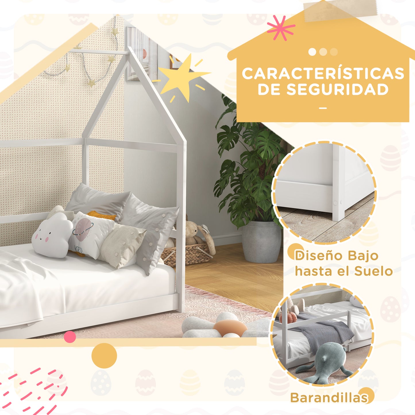 AIYAPLAY Cama para Niños 90x190 cm Cama Infantil en Forma de Casa con Barandillas Protectoras Cama Casita de Madera Carga 60 kg Blanco