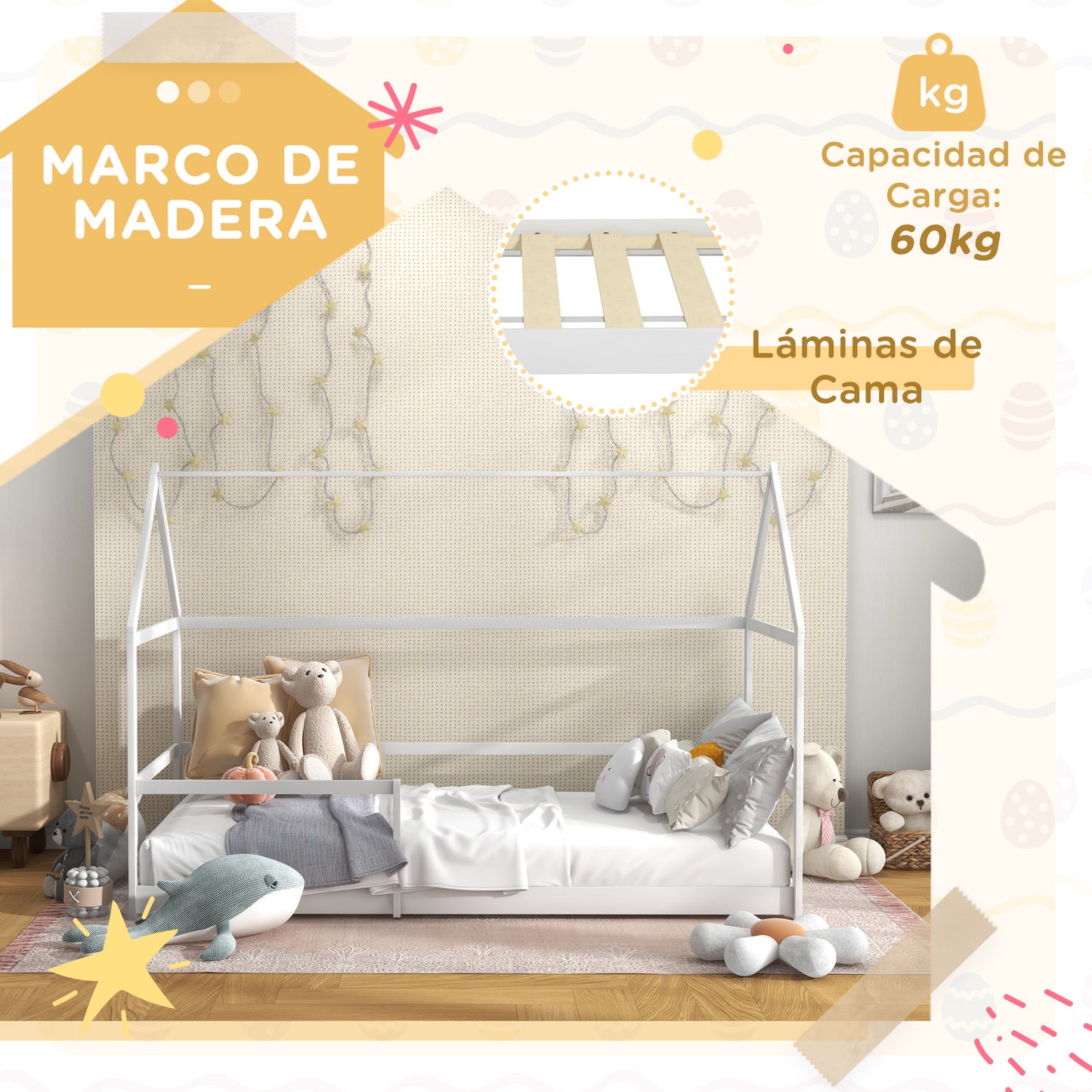 AIYAPLAY Cama para Niños 90x190 cm Cama Infantil en Forma de Casa con Barandillas Protectoras Cama Casita de Madera Carga 60 kg Blanco