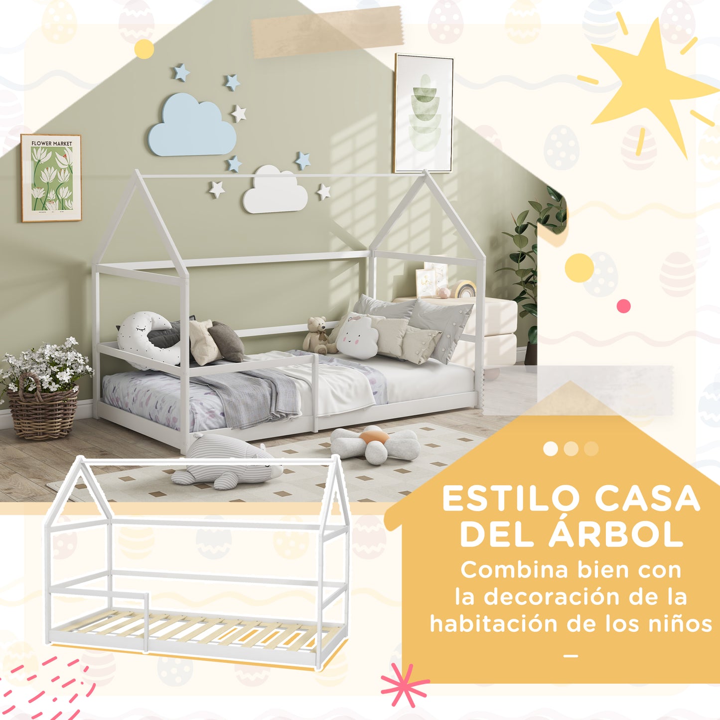 AIYAPLAY Cama para Niños 90x190 cm Cama Infantil en Forma de Casa con Barandillas Protectoras Cama Casita de Madera Carga 60 kg Blanco