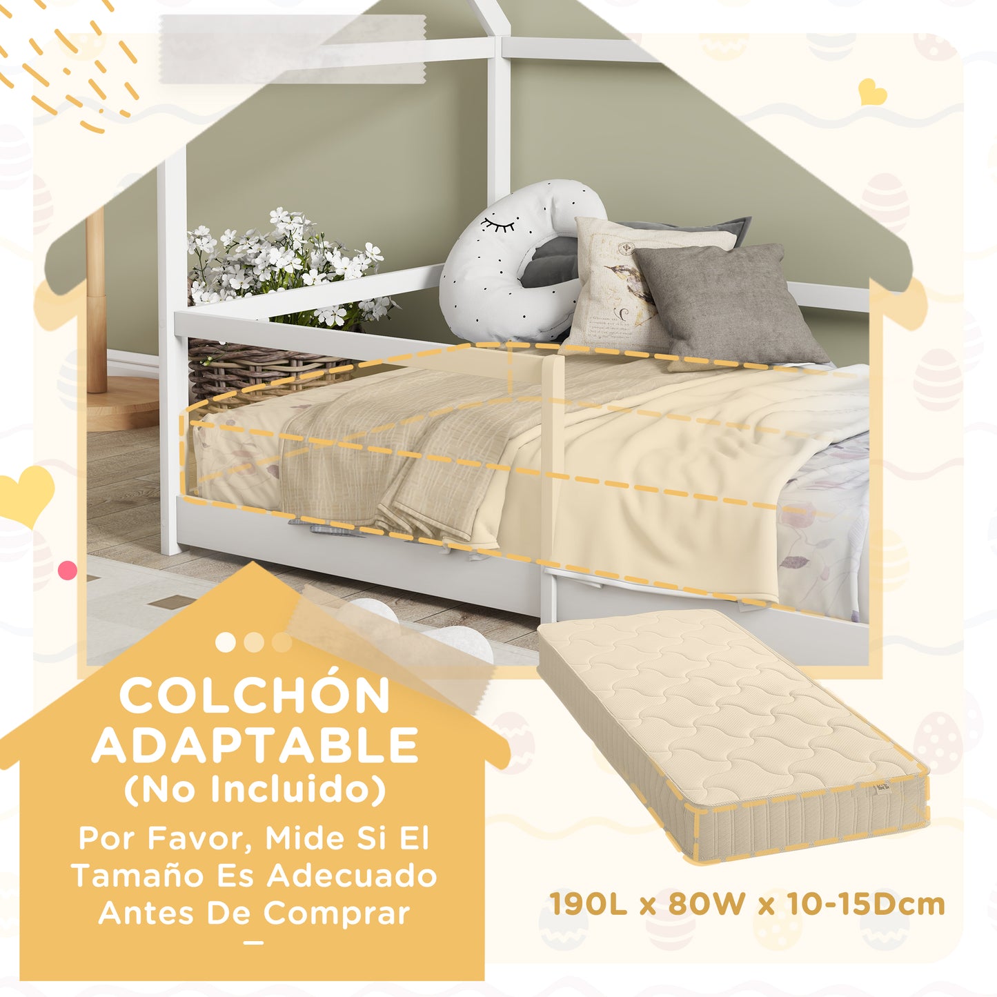 AIYAPLAY Cama para Niños 90x190 cm Cama Infantil en Forma de Casa con Barandillas Protectoras Cama Casita de Madera Carga 60 kg Blanco