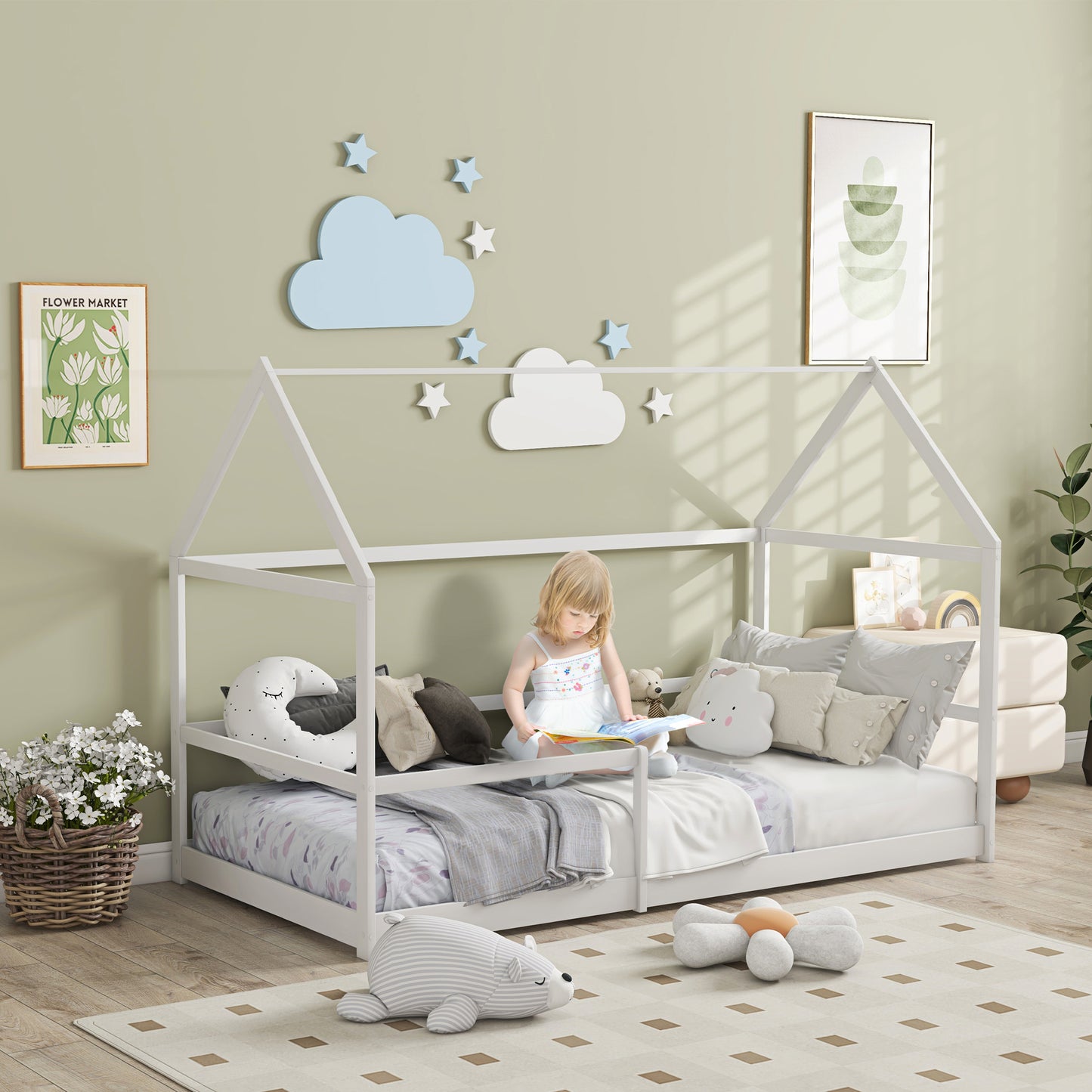 AIYAPLAY Cama para Niños 90x190 cm Cama Infantil en Forma de Casa con Barandillas Protectoras Cama Casita de Madera Carga 60 kg Blanco