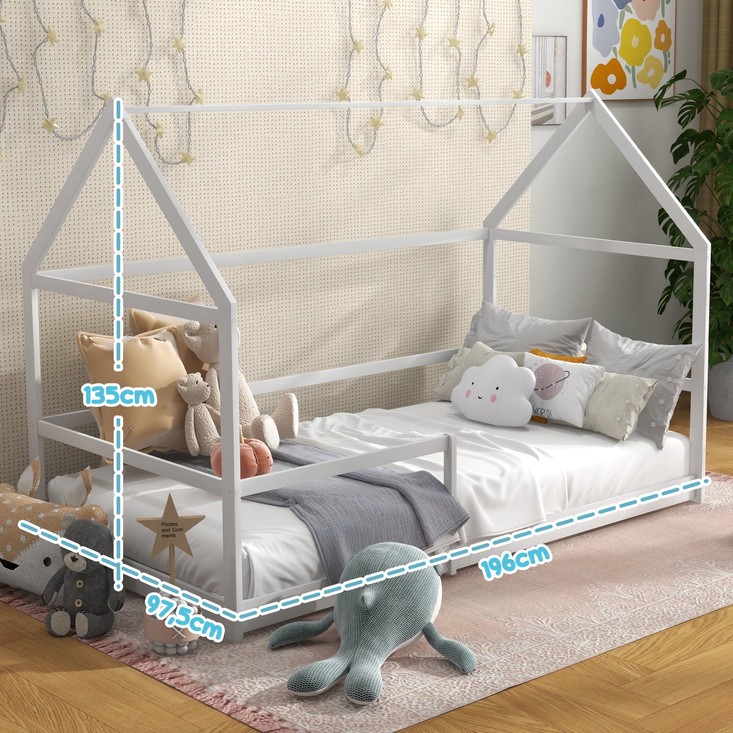 AIYAPLAY Cama para Niños 90x190 cm Cama Infantil en Forma de Casa con Barandillas Protectoras Cama Casita de Madera Carga 60 kg Blanco