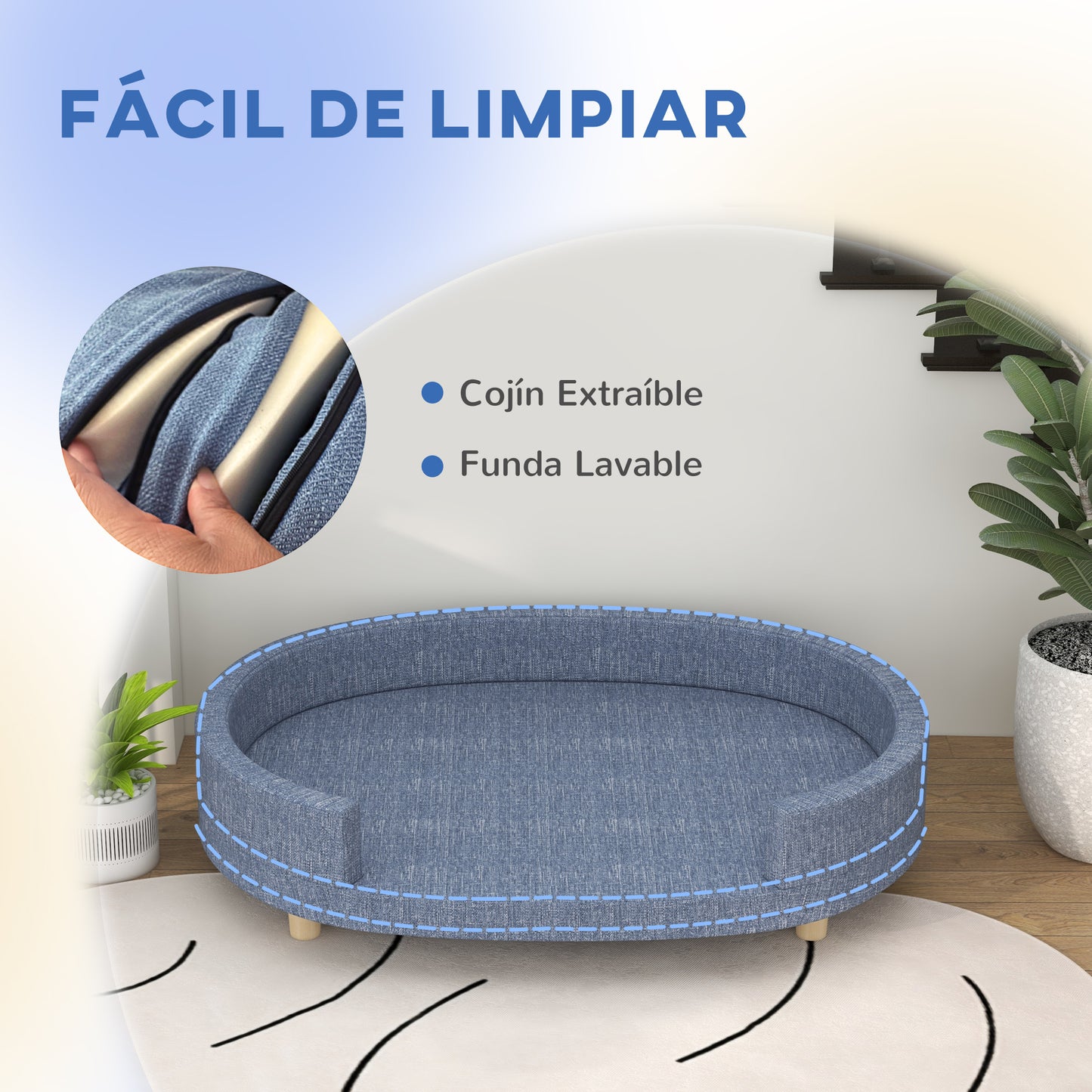 PawHut Sofá para Perros Grandes Sofá para Mascotas con Cojín Extraíble Funda Lavable y Patas de Madera Carga 30 kg para Interior 100x70x25 cm Azul