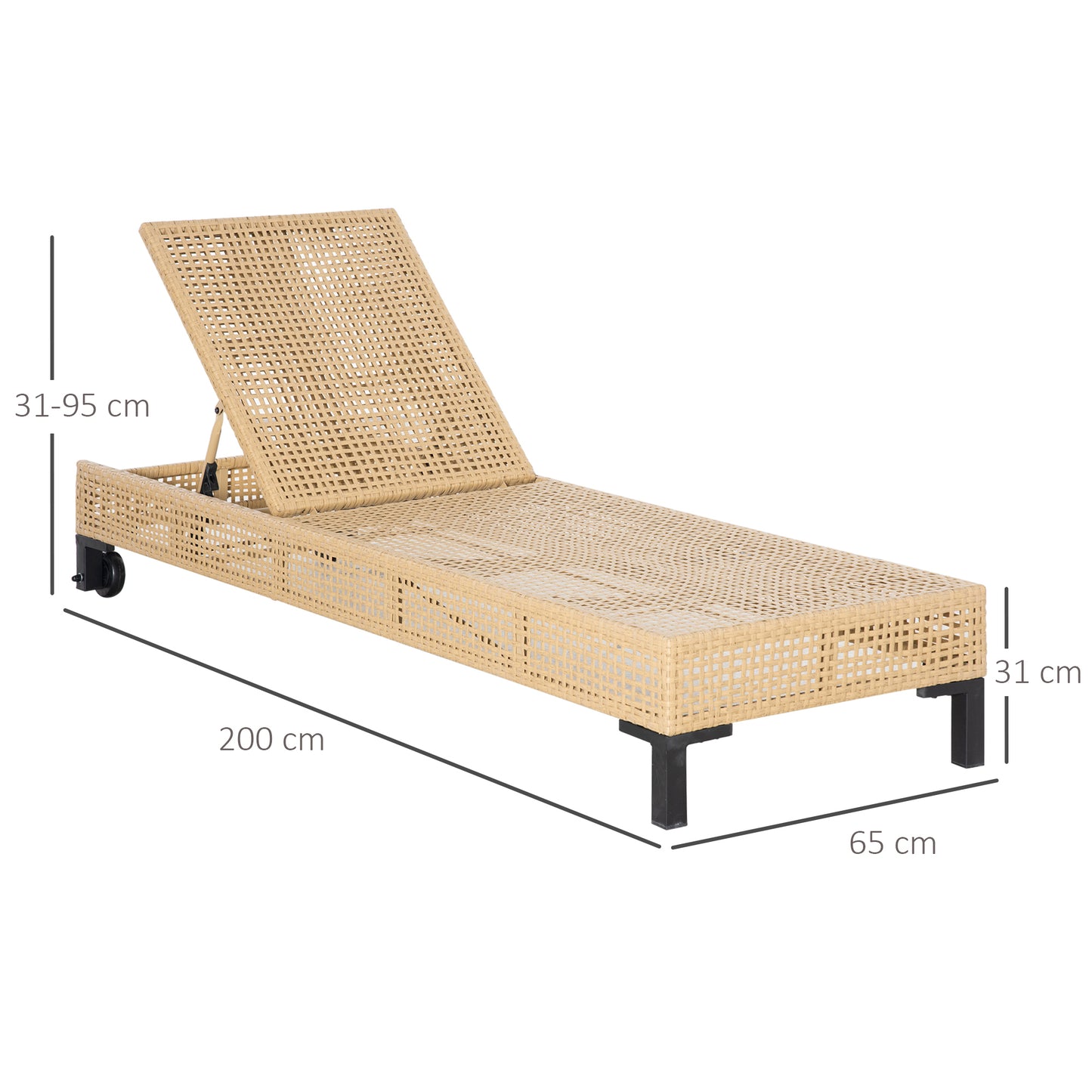 Outsunny Conjunto de 2 Tumbonas de Jardín Exterior de Ratán Sintético Tumbonas con Ruedas Respaldo Ajustable en 5 Posiciones y Cojín Acolchado 200x65x31 cm Natural y Beige