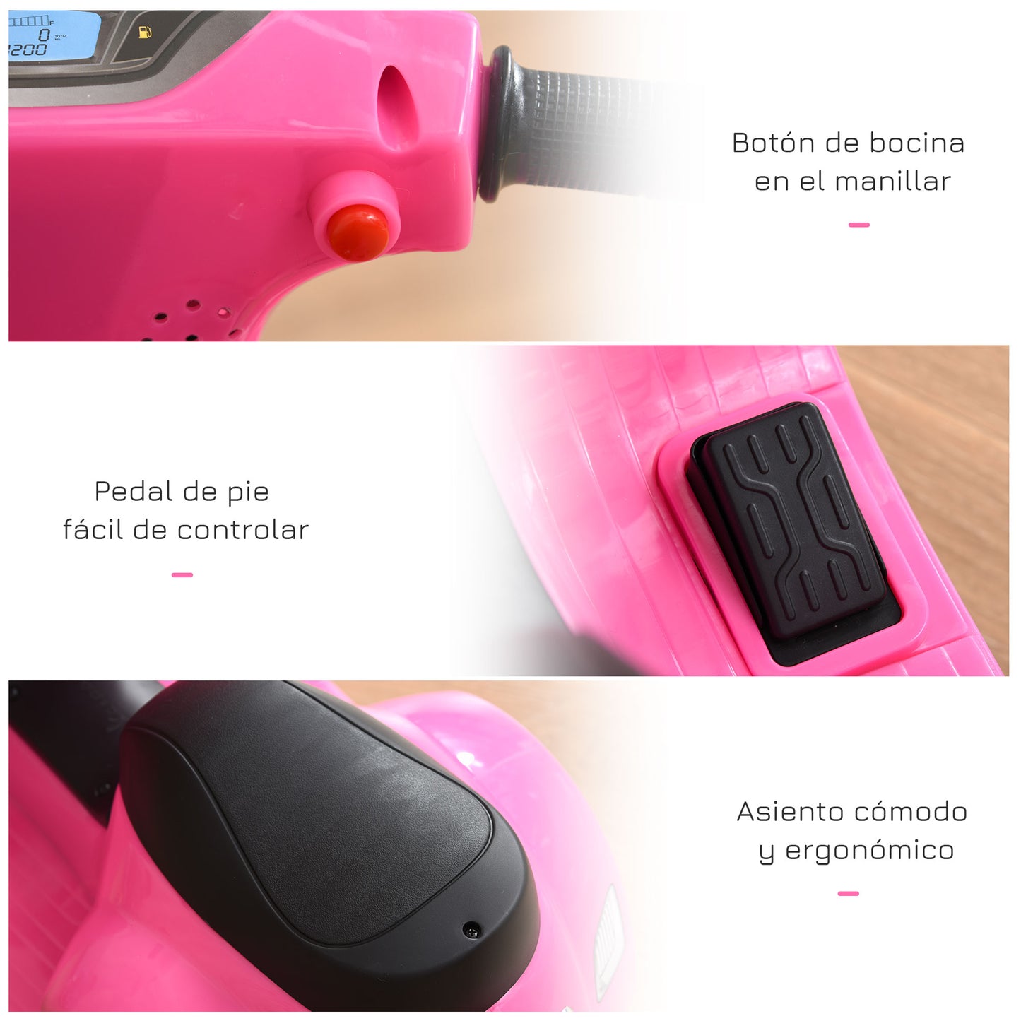 HOMCOM Moto Eléctrica Vespa para Niños de 18-36 Meses Moto de Batería 6V con Faro Bocina y 4 Ruedas Motocicleta Infantil con Licencia 66,5x38x52 cm Rosa