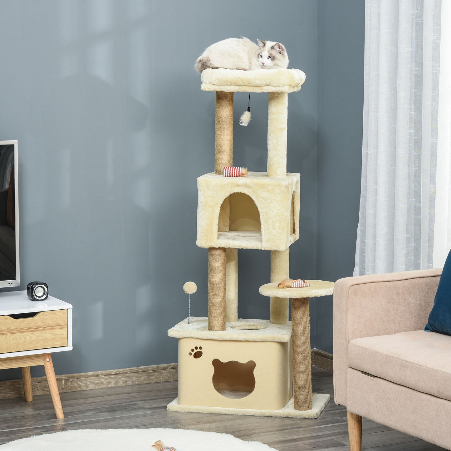 PawHut Árbol Rascador para Gatos Grande 60x34x136 cm Árbol para Gatos con Plataformas Cuevas de Felpa Desmontable Postes de Yute y Bola Colgante Beige