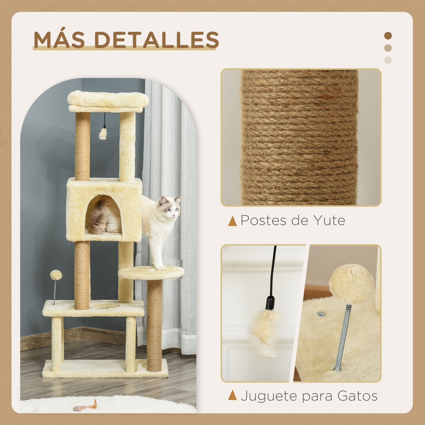 PawHut Árbol Rascador para Gatos Grande 60x34x136 cm Árbol para Gatos con Plataformas Cuevas de Felpa Desmontable Postes de Yute y Bola Colgante Beige