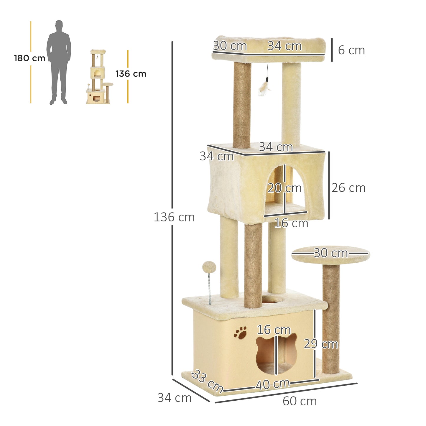 PawHut Árbol Rascador para Gatos Grande 60x34x136 cm Árbol para Gatos con Plataformas Cuevas de Felpa Desmontable Postes de Yute y Bola Colgante Beige