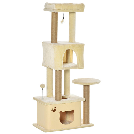 PawHut Árbol Rascador para Gatos Grande 60x34x136 cm Árbol para Gatos con Plataformas Cuevas de Felpa Desmontable Postes de Yute y Bola Colgante Beige