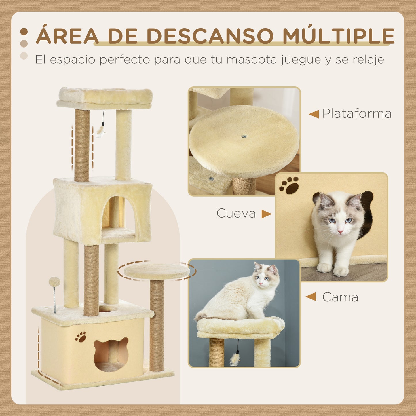 PawHut Árbol Rascador para Gatos Grande 60x34x136 cm Árbol para Gatos con Plataformas Cuevas de Felpa Desmontable Postes de Yute y Bola Colgante Beige