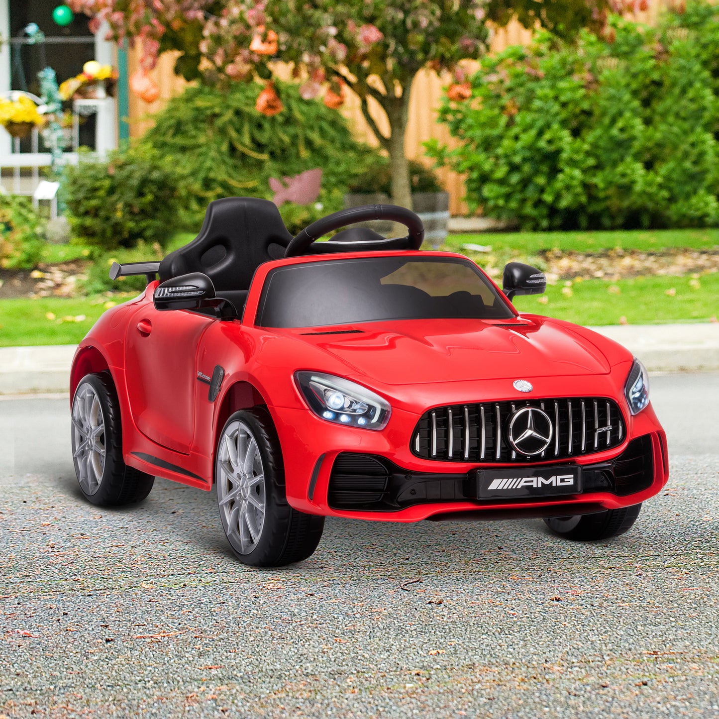 HOMCOM Coche Eléctrico para Niños Mercedes GTR Coche de Batería para Niños de +3 Años 12V con Mando a Distancia Música Faros Puerta de Doble Apertura Carga 25kg 105x58x45 cm Rojo