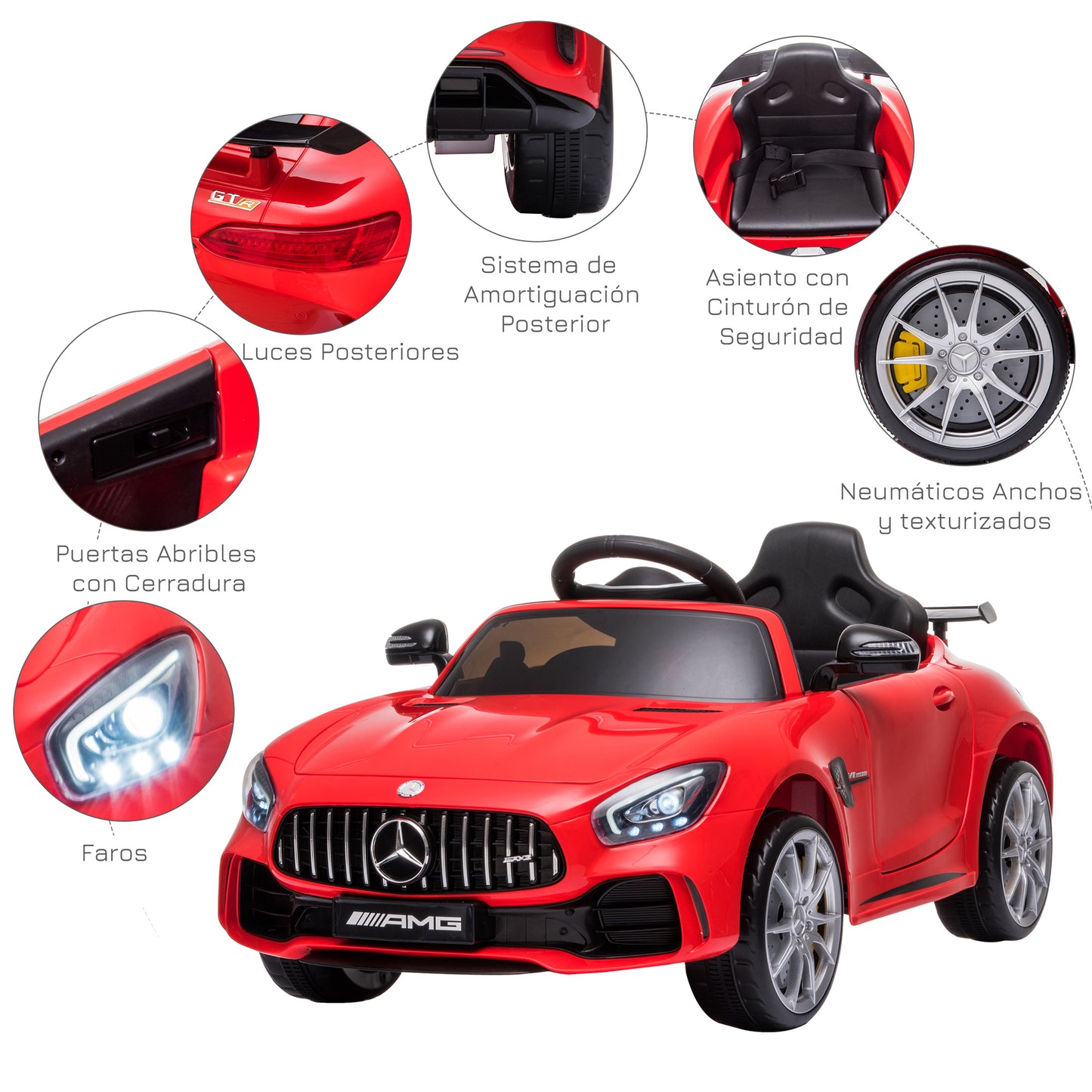 HOMCOM Coche Eléctrico para Niños Mercedes GTR Coche de Batería para Niños de +3 Años 12V con Mando a Distancia Música Faros Puerta de Doble Apertura Carga 25kg 105x58x45 cm Rojo