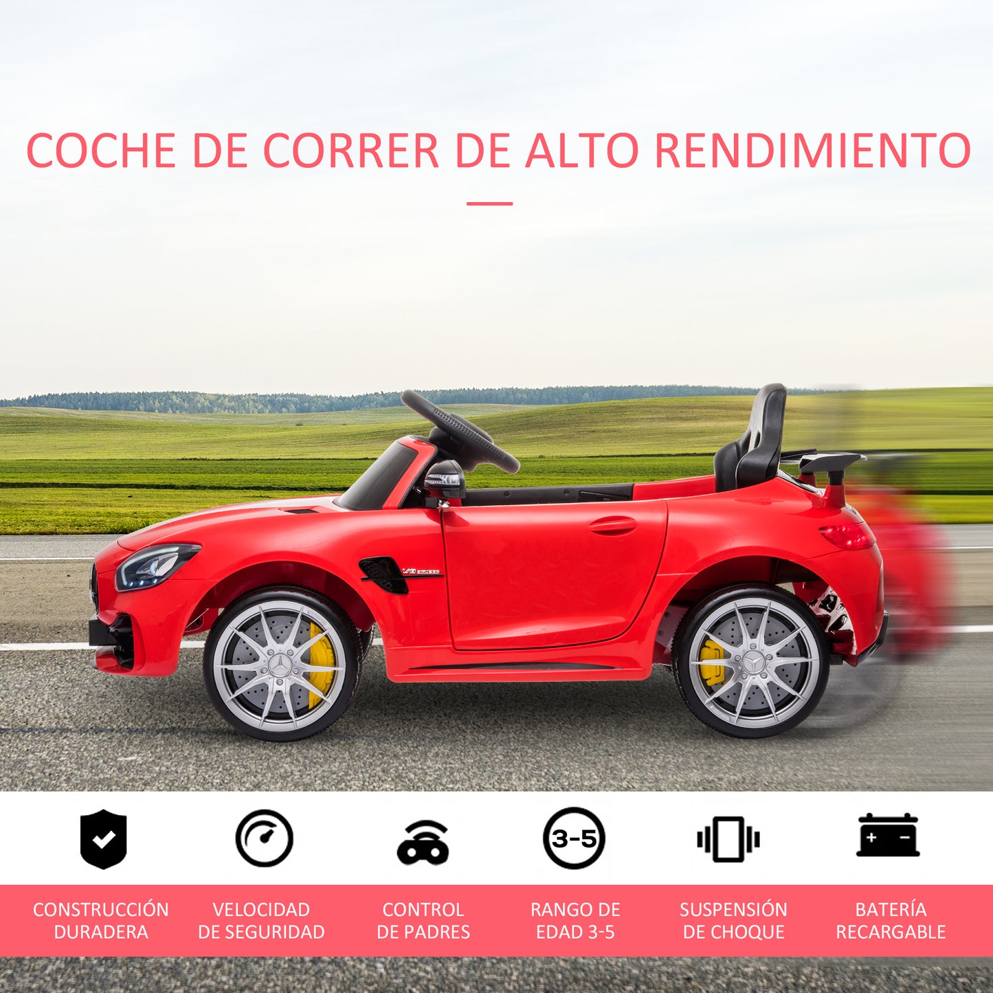 HOMCOM Coche Eléctrico para Niños Mercedes GTR Coche de Batería para Niños de +3 Años 12V con Mando a Distancia Música Faros Puerta de Doble Apertura Carga 25kg 105x58x45 cm Rojo