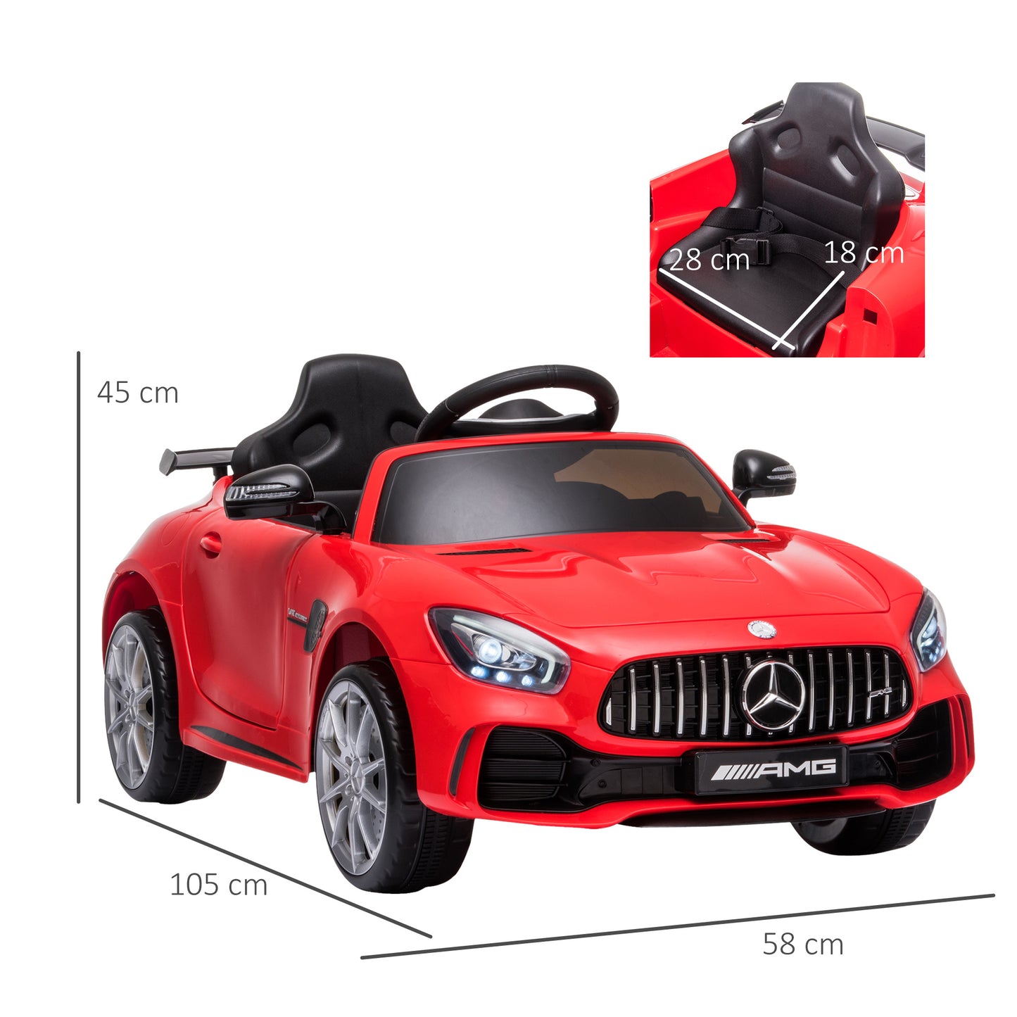 HOMCOM Coche Eléctrico para Niños Mercedes GTR Coche de Batería para Niños de +3 Años 12V con Mando a Distancia Música Faros Puerta de Doble Apertura Carga 25kg 105x58x45 cm Rojo